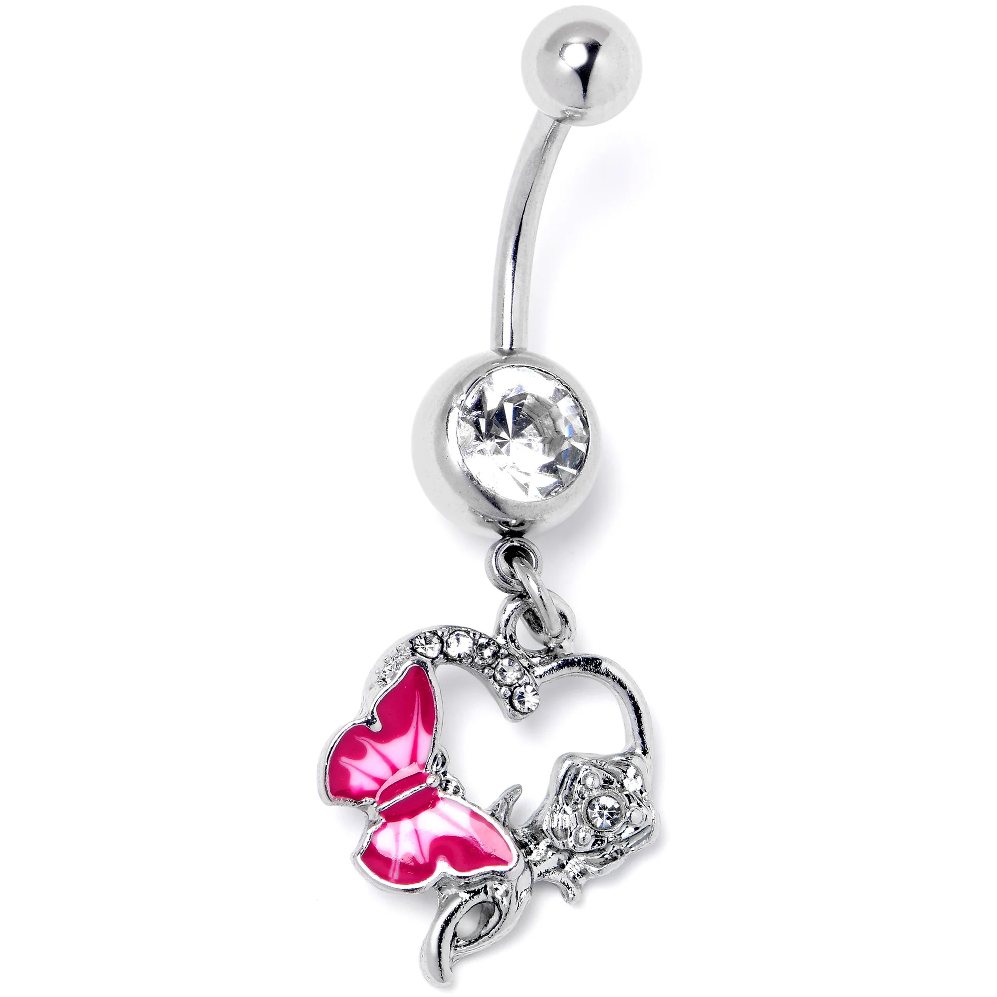 Clear Gem Butterfly Rose Flower Pink Dangle Belly Ring - Image 3
