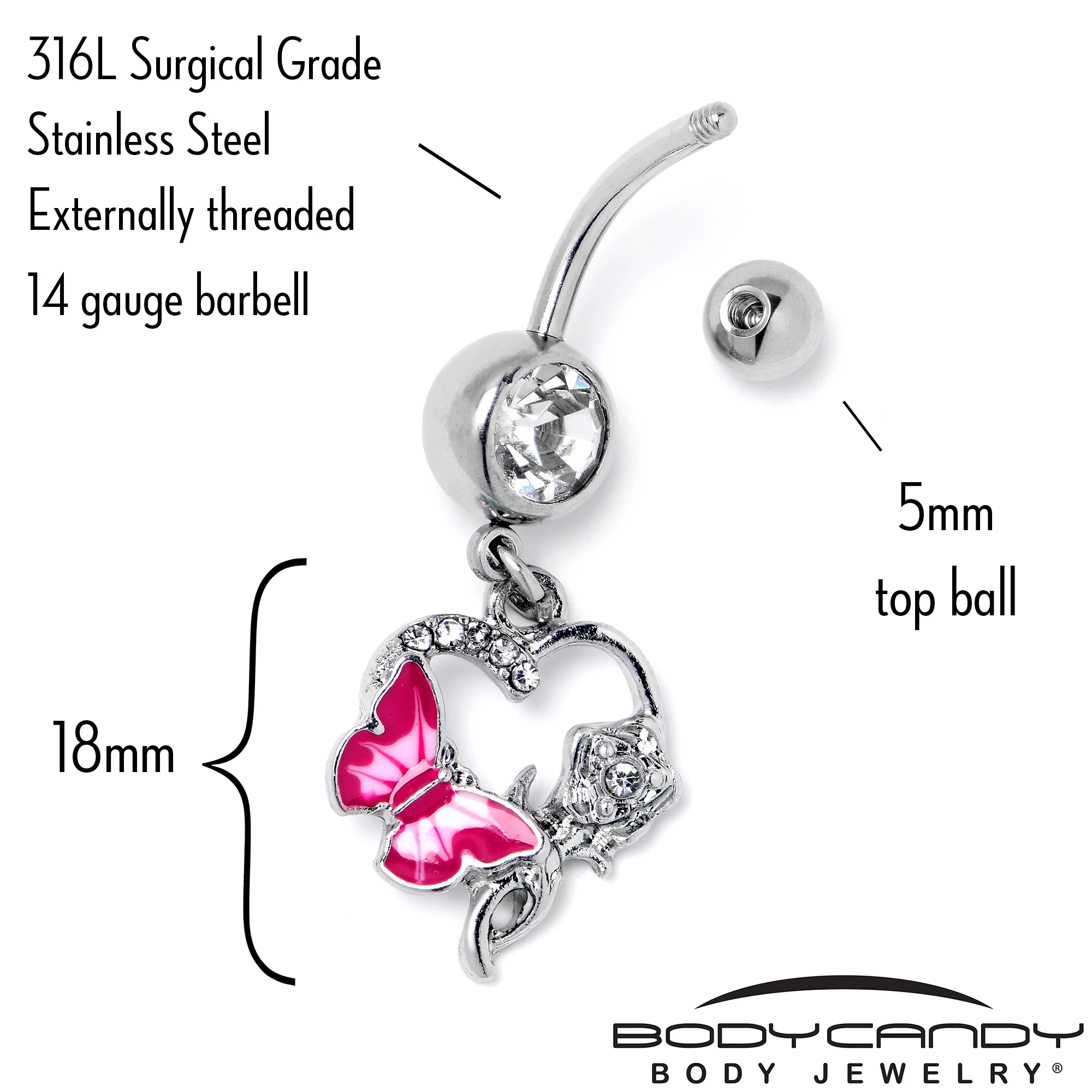 Clear Gem Butterfly Rose Flower Pink Dangle Belly Ring - Image 4