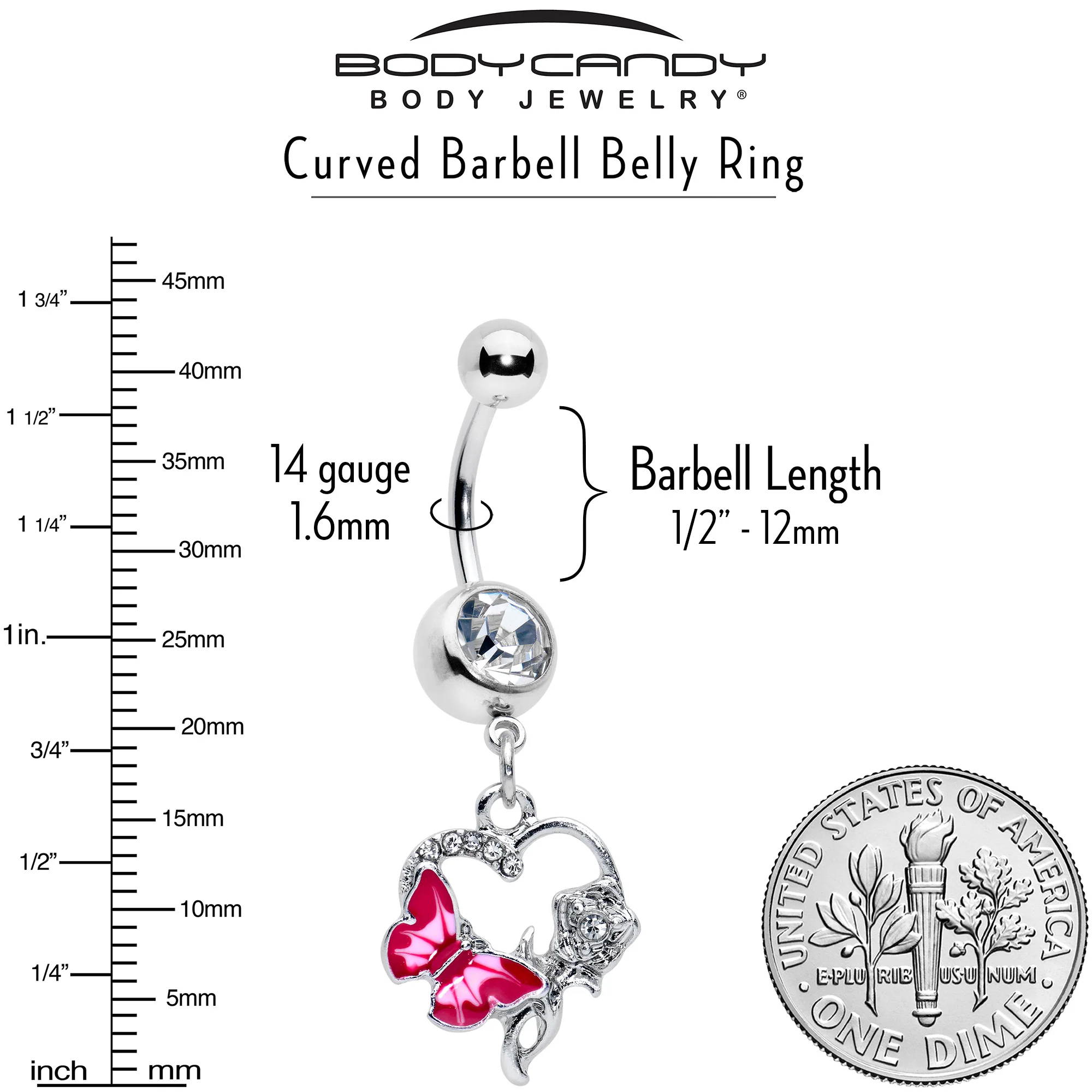Clear Gem Butterfly Rose Flower Pink Dangle Belly Ring - Image 5
