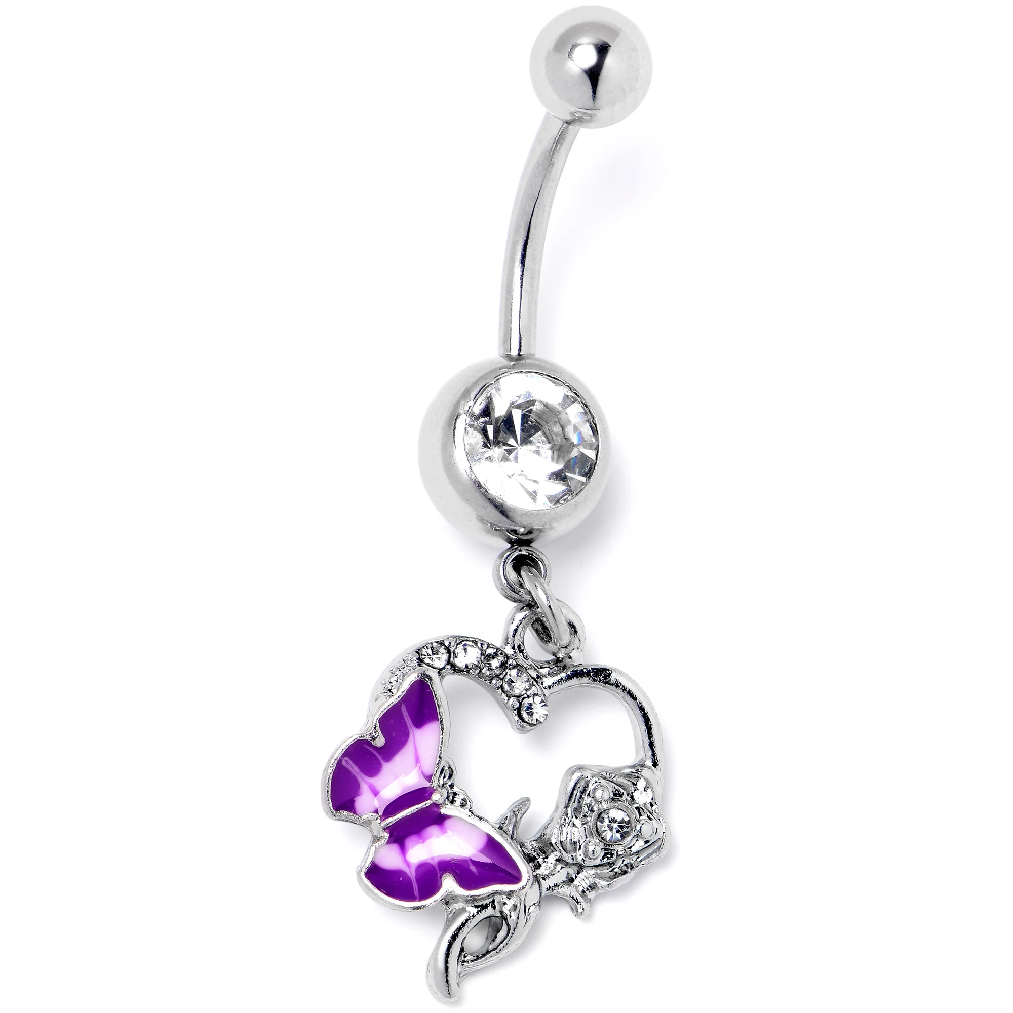 Clear Gem Butterfly Rose Flower Purple Dangle Belly Ring - Image 3
