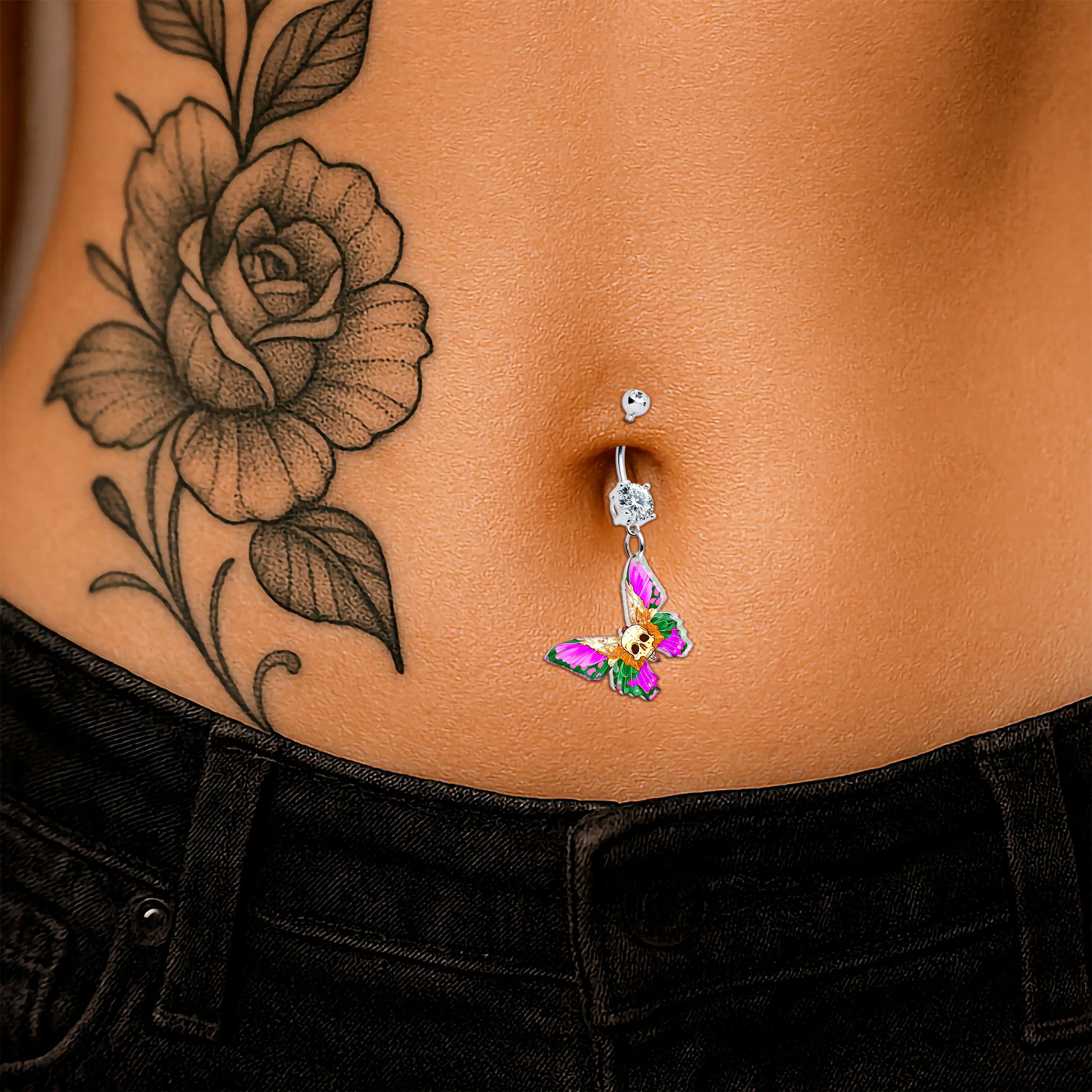 Clear Gem Butterfly Skull Dangle Belly Ring by Onyx O - Image 2