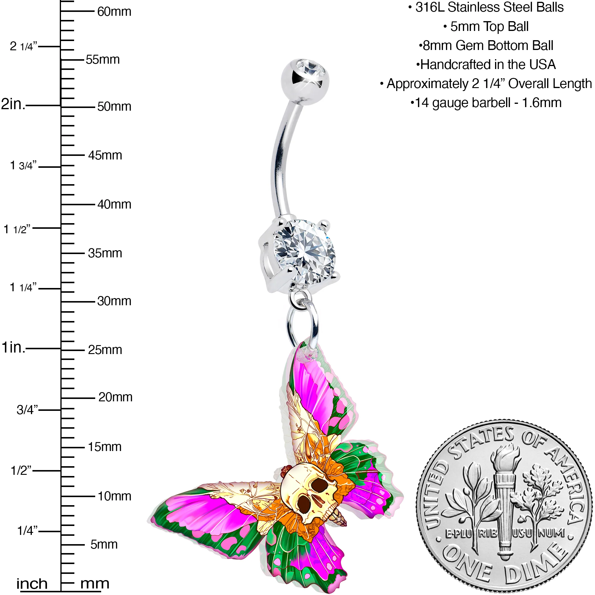 Clear Gem Butterfly Skull Dangle Belly Ring by Onyx O - Image 3