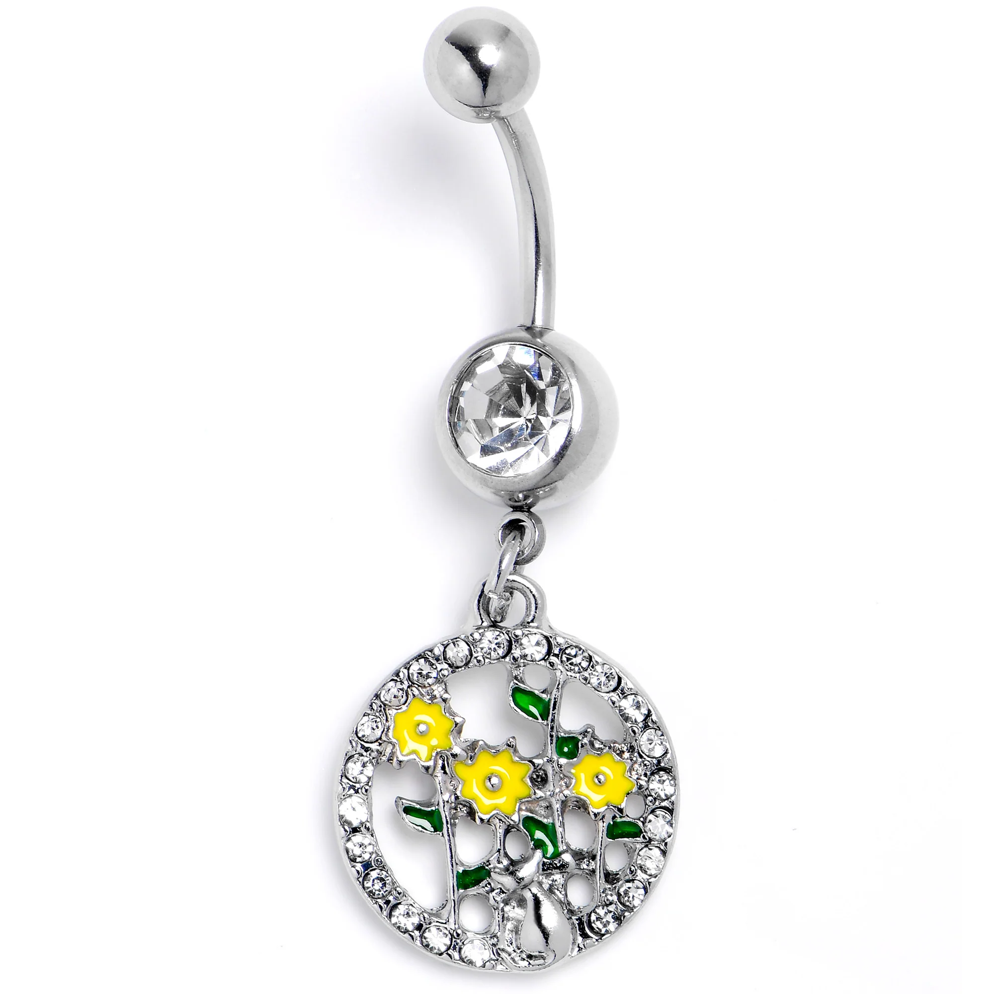 Clear Gem Cat Yellow Flowers Dangle Belly Ring - Image 3