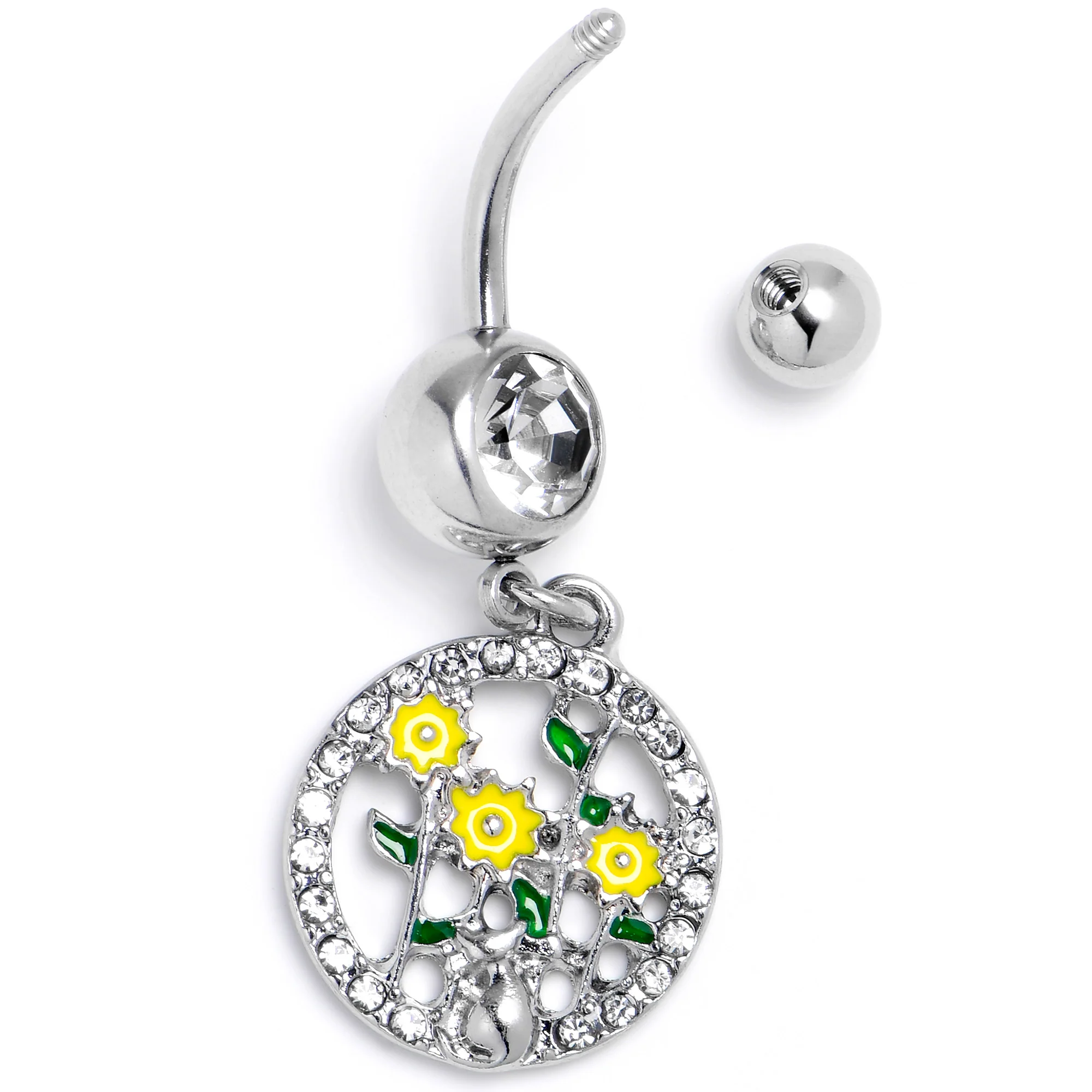 Clear Gem Cat Yellow Flowers Dangle Belly Ring - Image 4