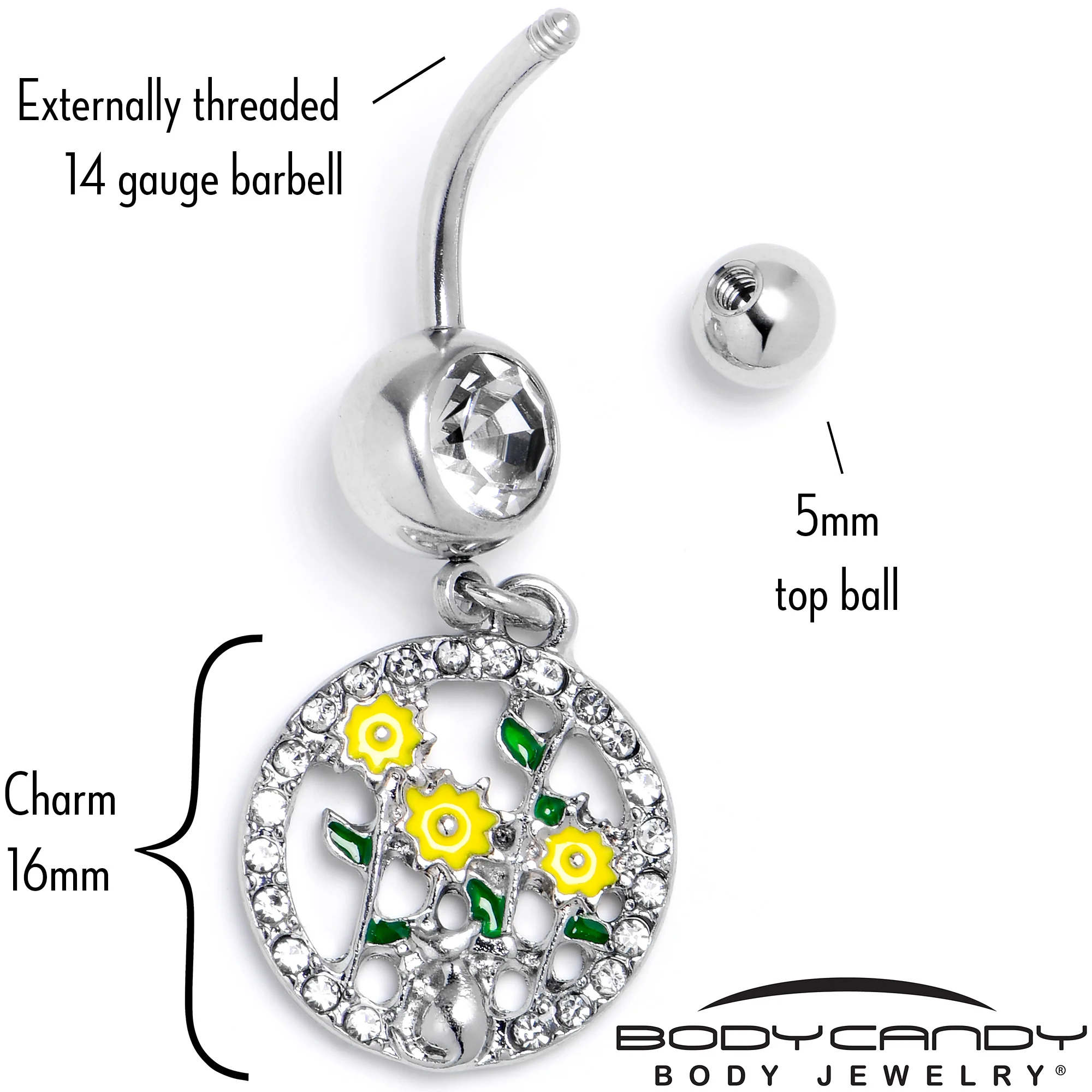 Clear Gem Cat Yellow Flowers Dangle Belly Ring - Image 5