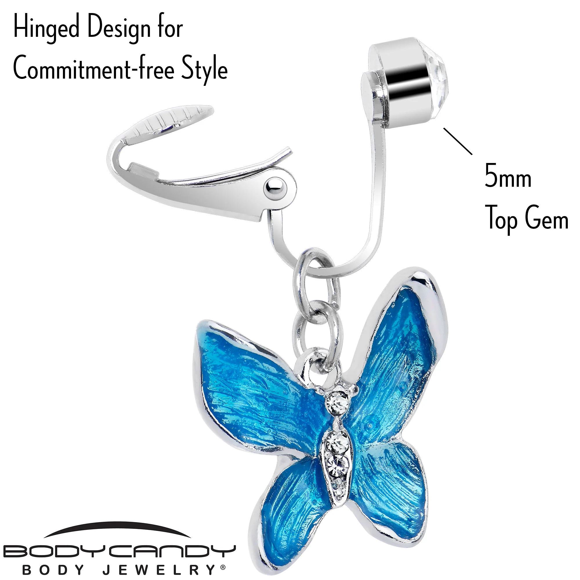 Clear Gem Chunky Butterfly Blue Clip On Fake Belly Ring - Image 4