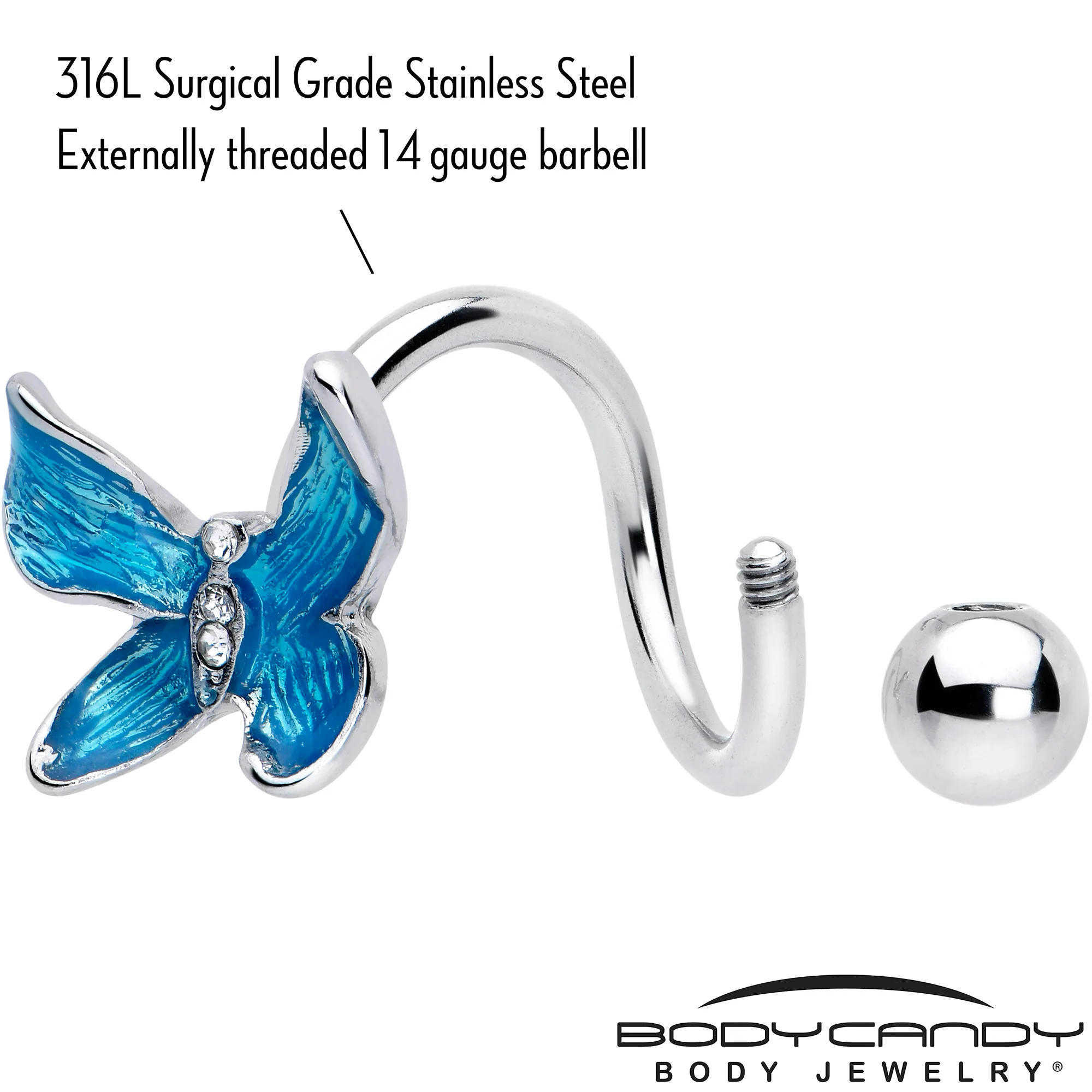 Clear Gem Chunky Butterfly Blue Spiral Twister Belly Ring - Image 3