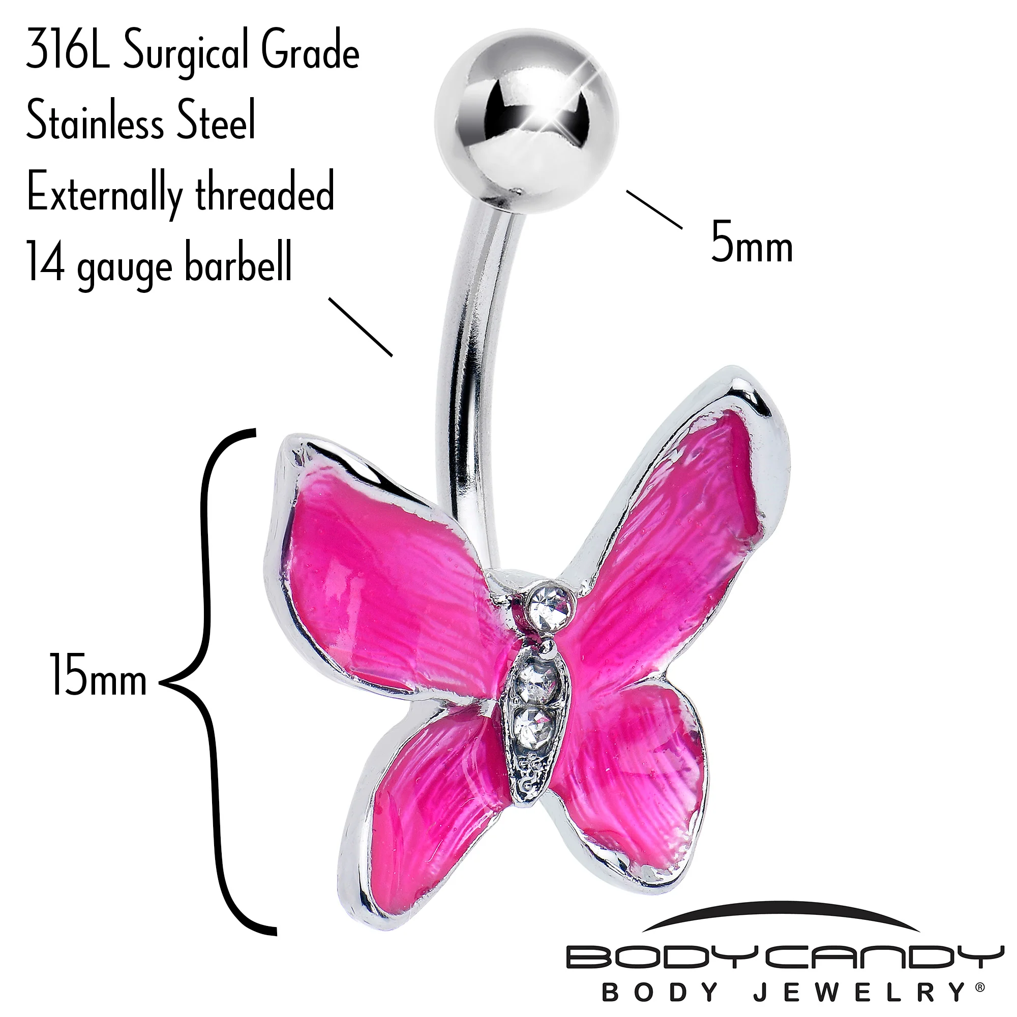 Clear Gem Chunky Butterfly Pink Belly Ring - Image 2
