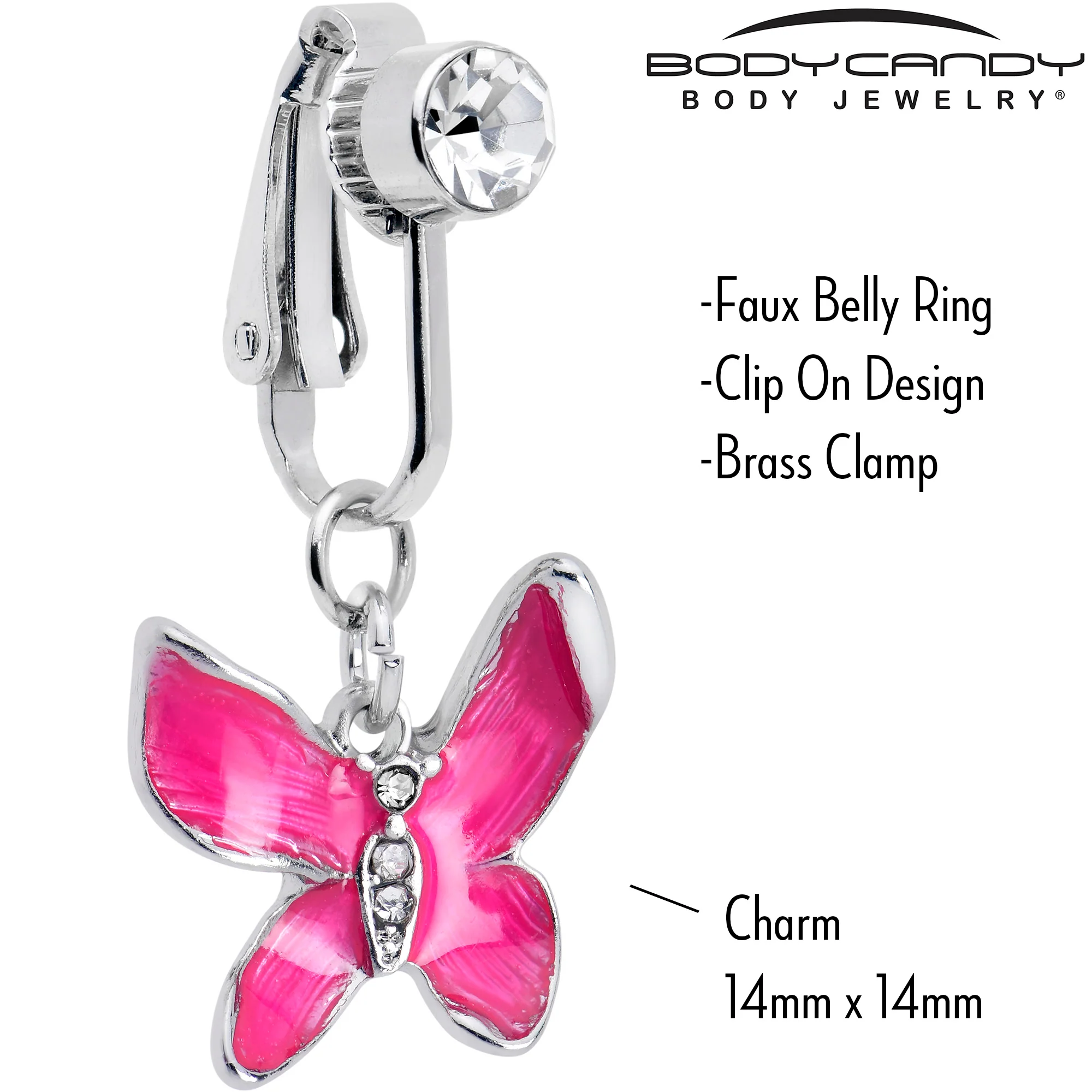 Clear Gem Chunky Butterfly Pink Clip On Fake Belly Ring - Image 2