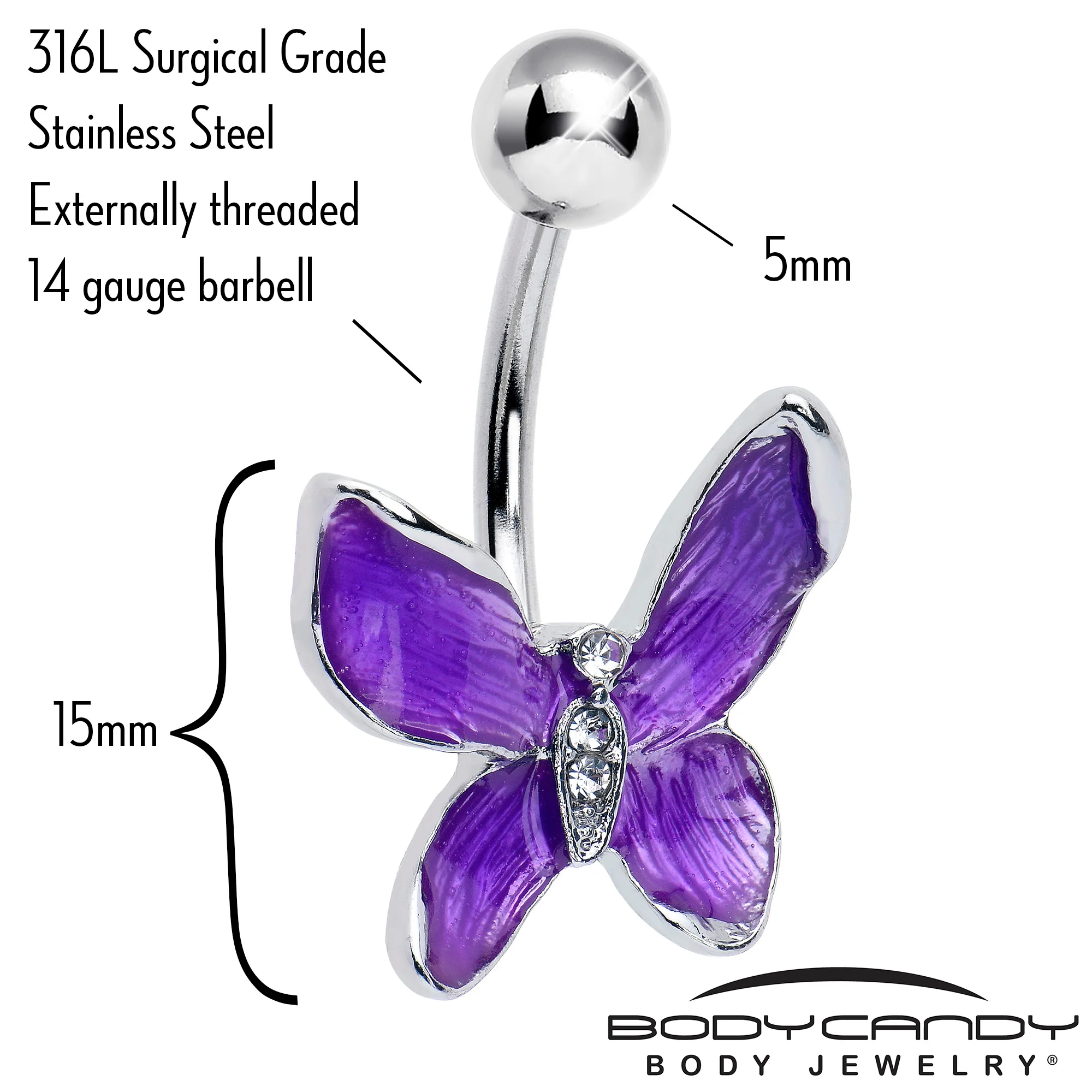 Clear Gem Chunky Butterfly Purple Belly Ring - Image 2