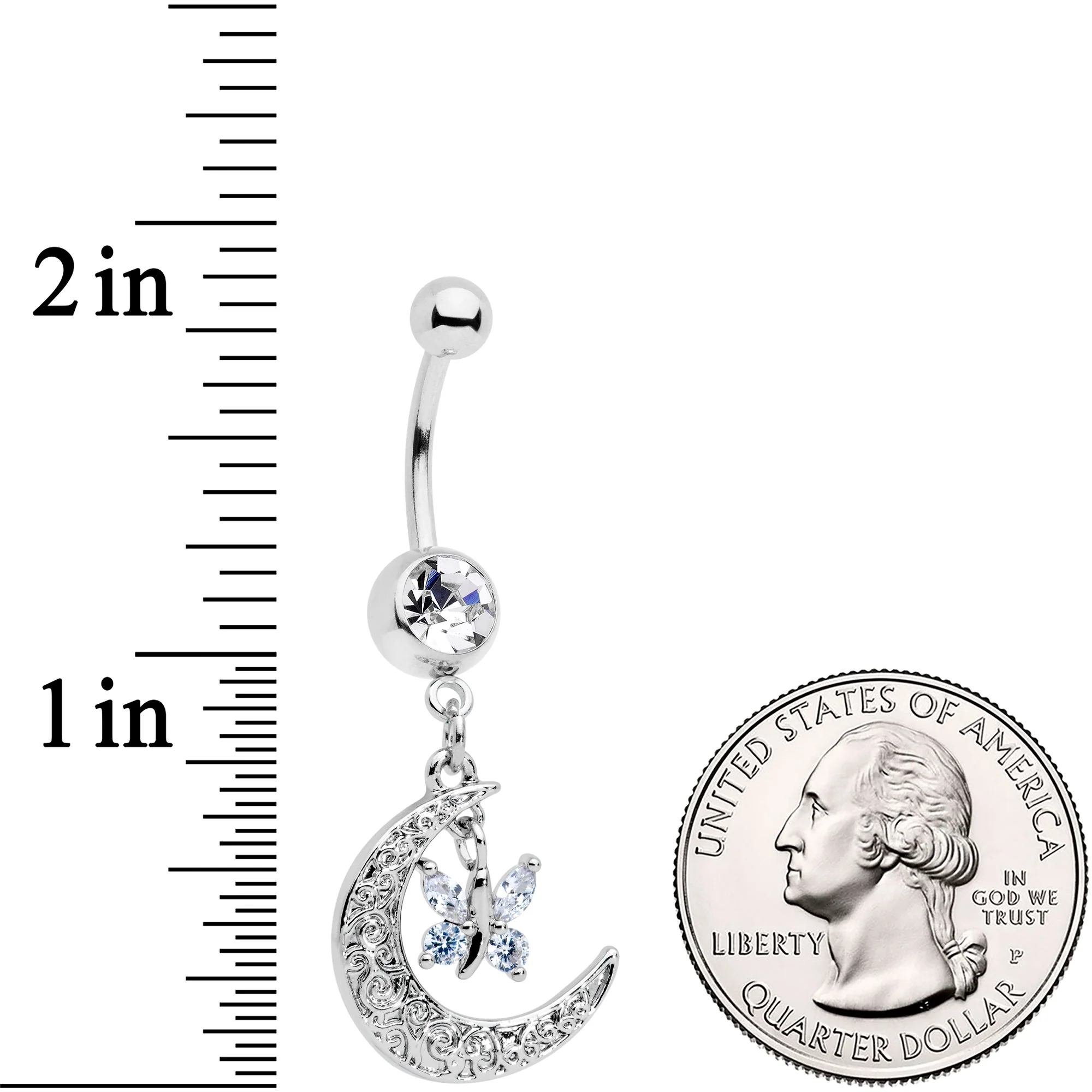 Clear Gem Crescent Moon Butterfly Dangle Belly Ring - Image 2