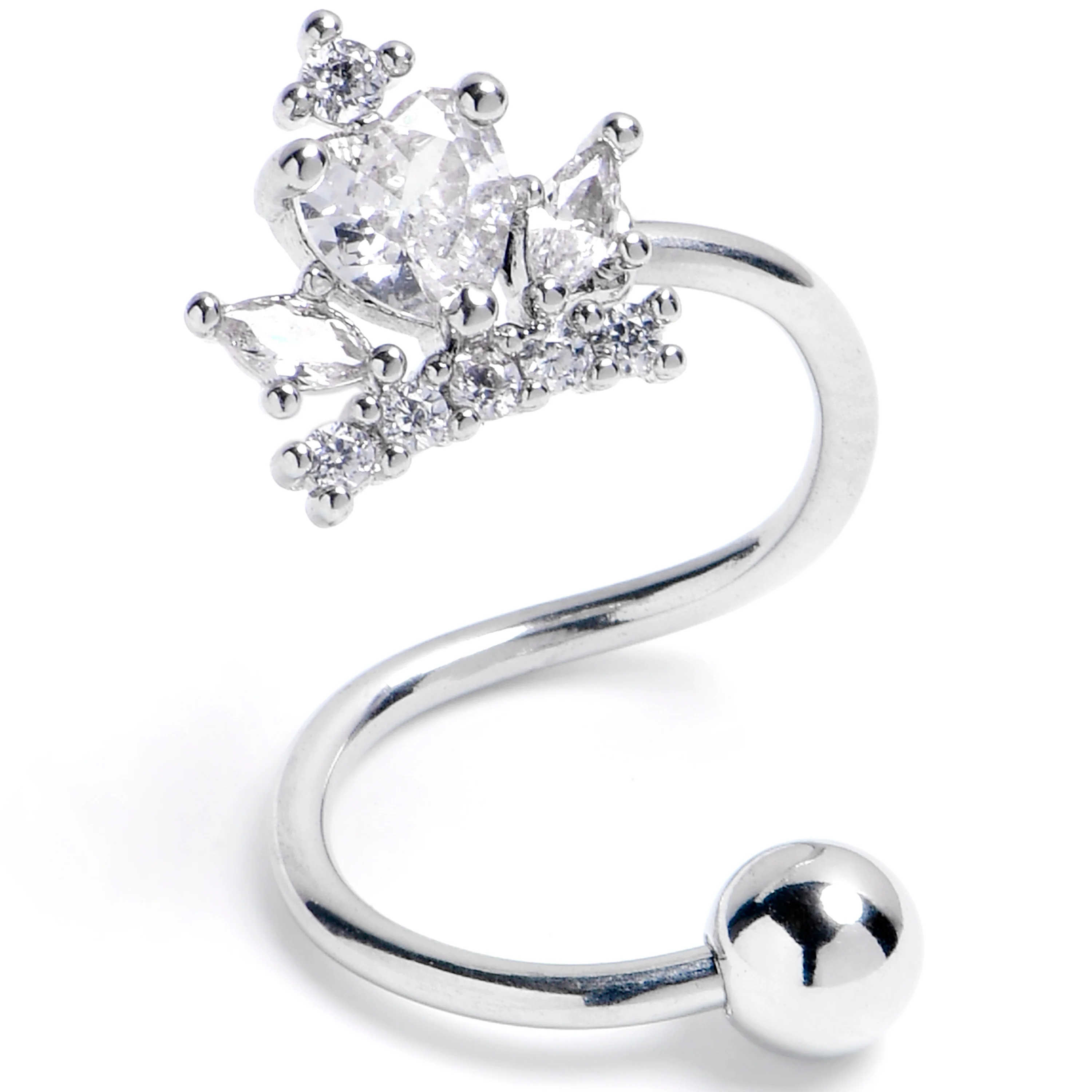 16G 3/8 Clear Gem Crown Heart Spiral Twister Belly Ring