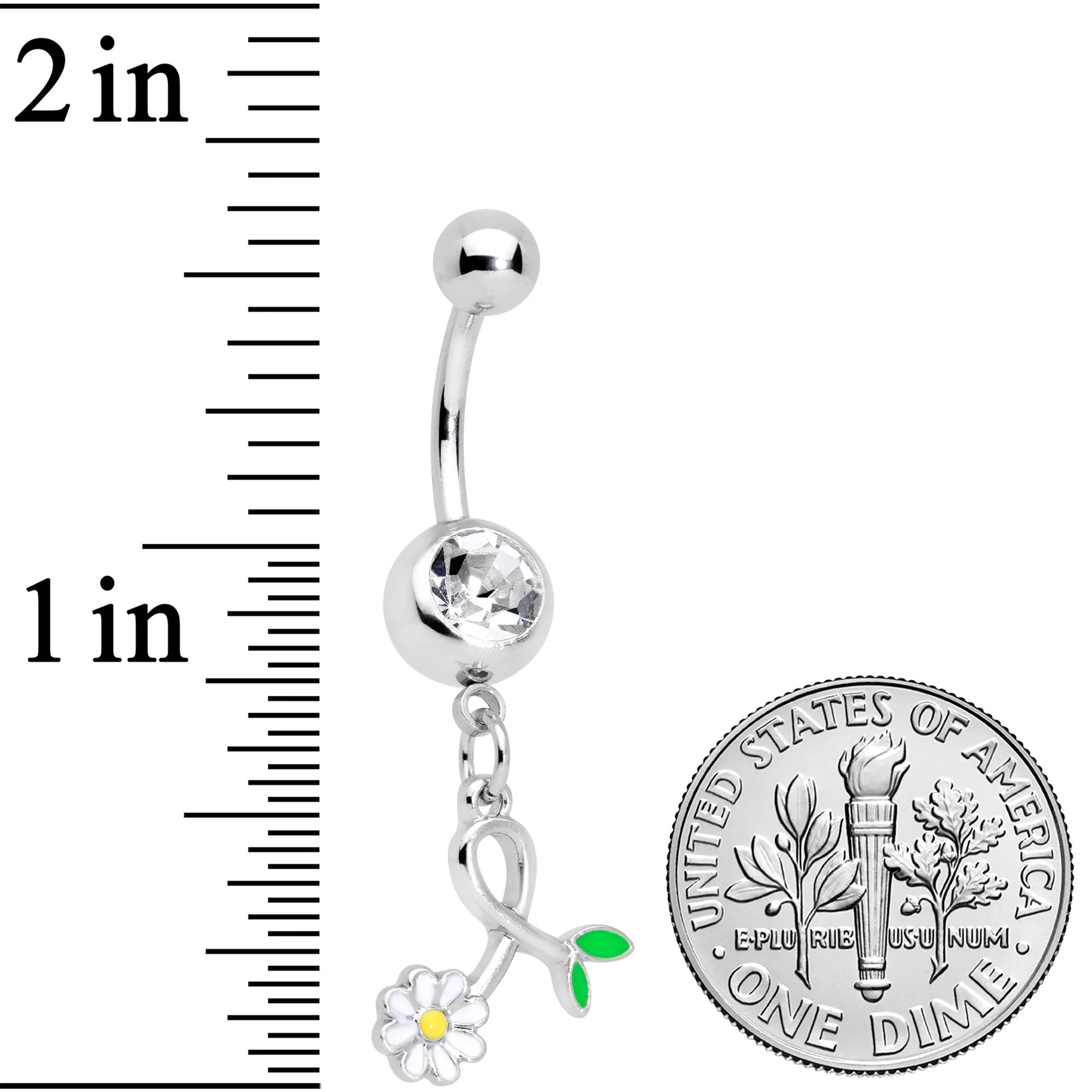 Clear Gem Daisy Curl Flower Dangle Belly Ring - Image 2