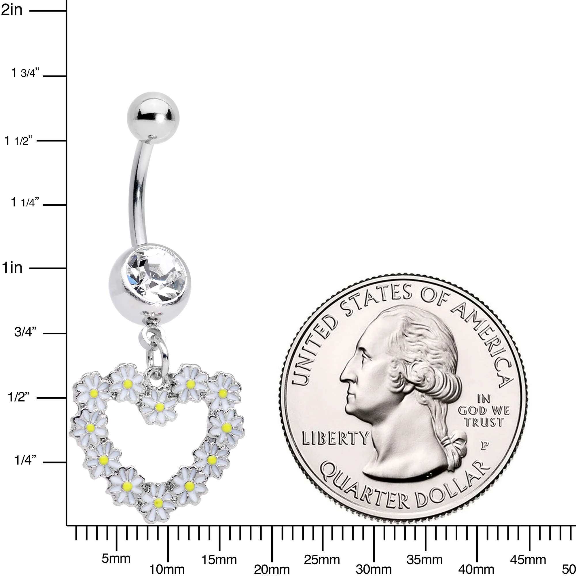 Clear Gem Daisy Flower Heart Valentines Dangle Belly Ring - Image 2