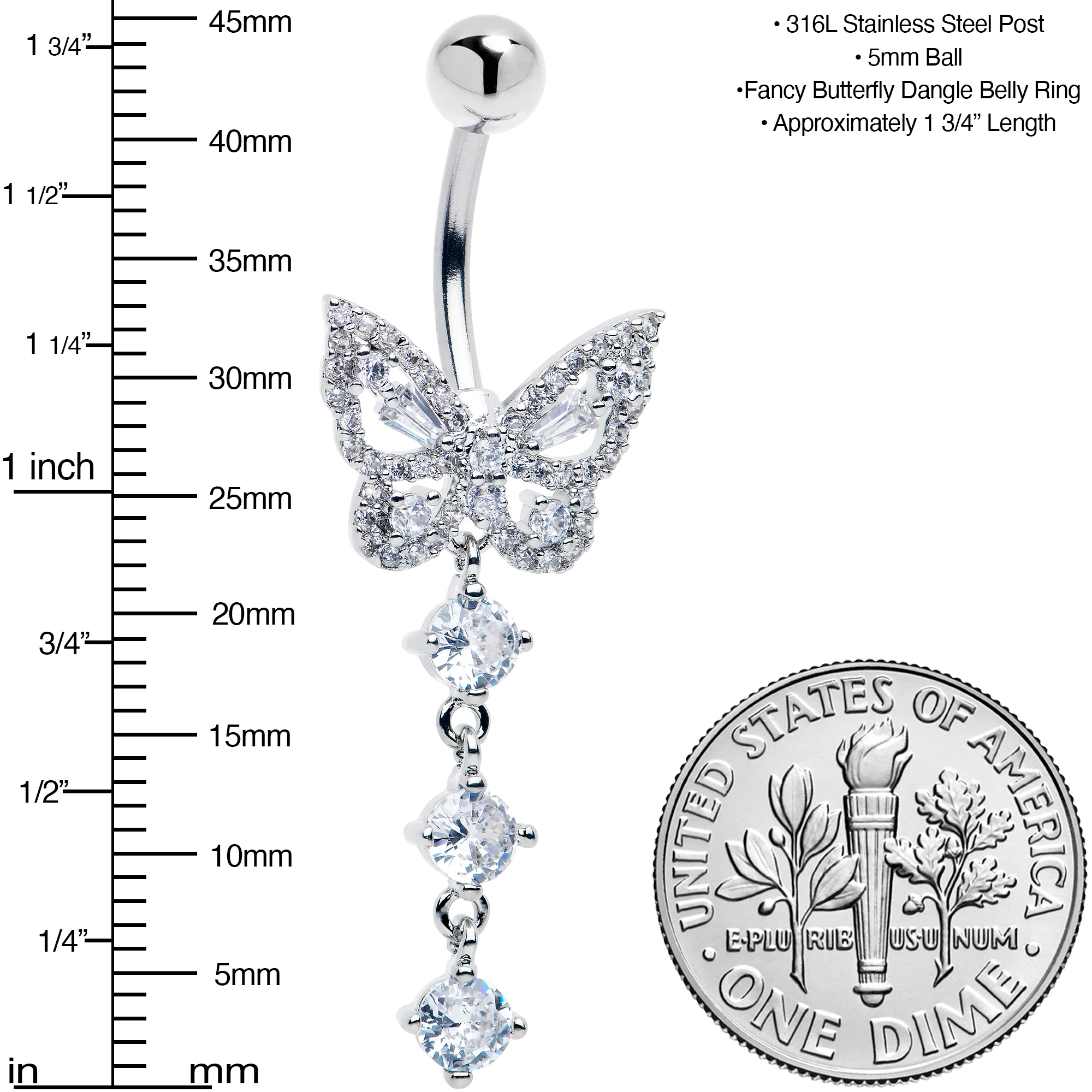 Clear Gem Dramatic Butterfly Dangle Belly Ring - Image 4