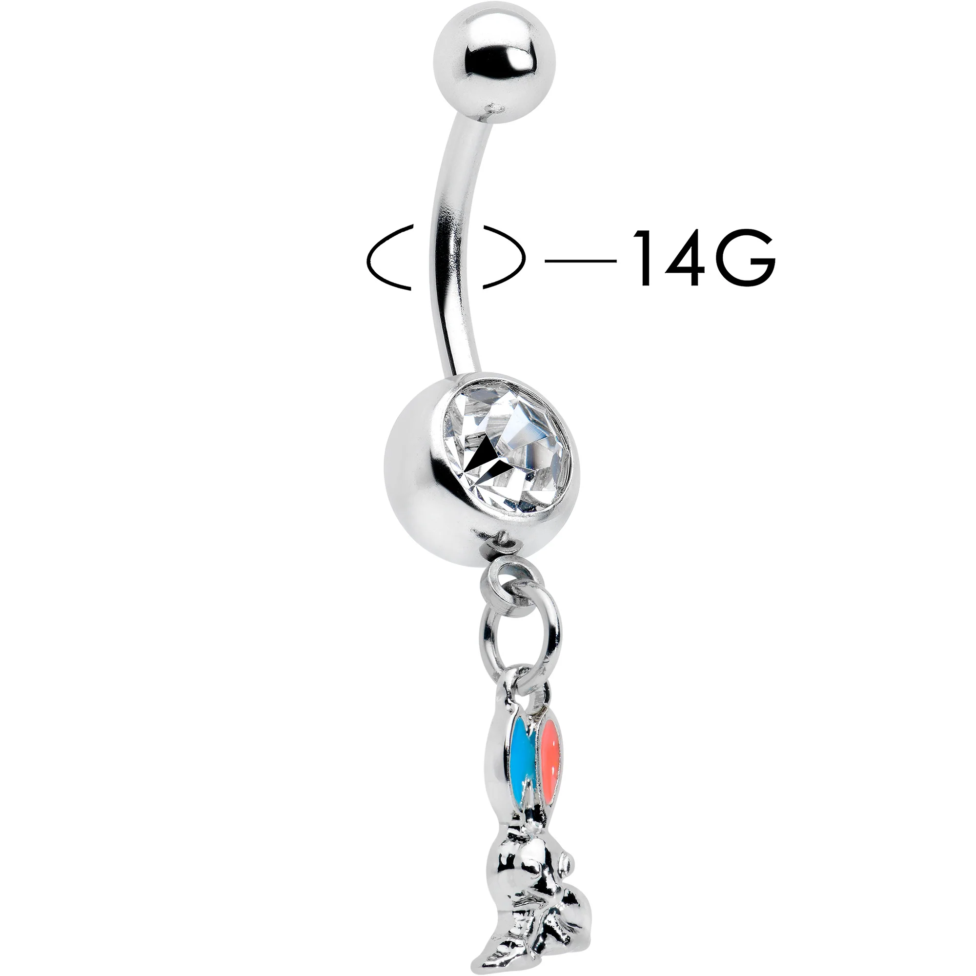 Clear Gem Easter Bunny Red Blue Ears Dangle Belly Ring - Image 2