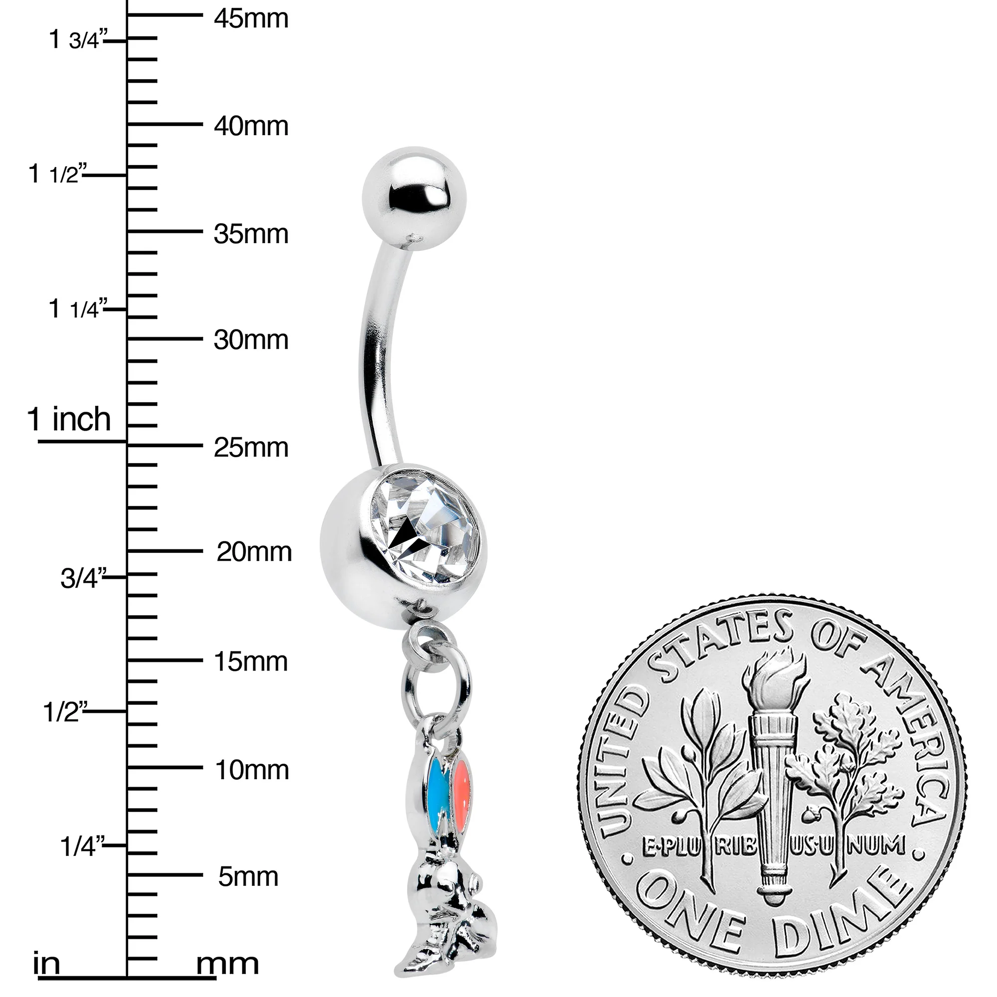 Clear Gem Easter Bunny Red Blue Ears Dangle Belly Ring - Image 3