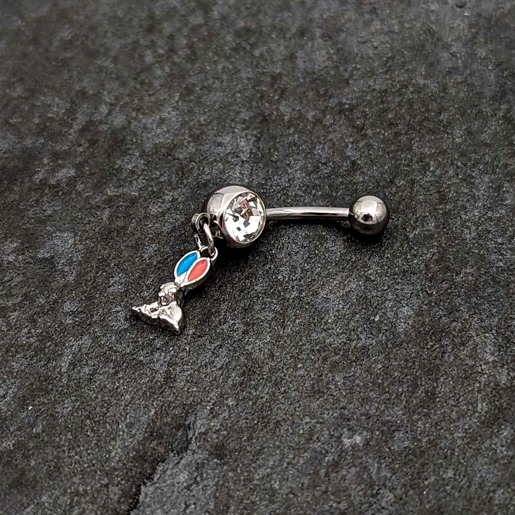 Clear Gem Easter Bunny Red Blue Ears Dangle Belly Ring - Image 5