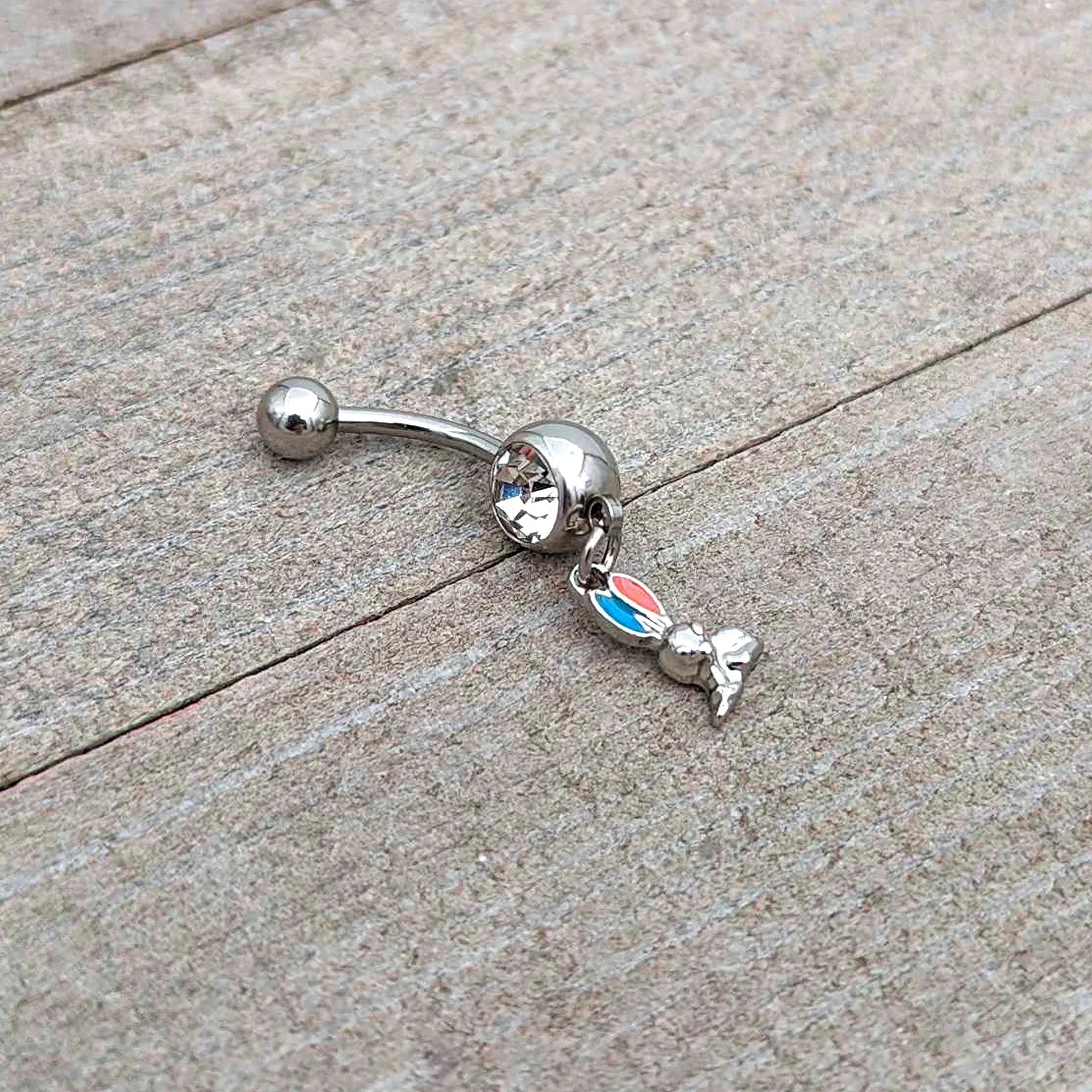 Clear Gem Easter Bunny Red Blue Ears Dangle Belly Ring - Image 6