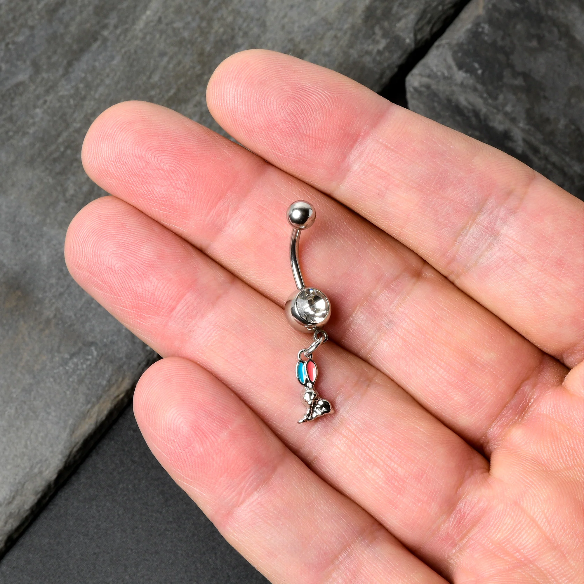 Clear Gem Easter Bunny Red Blue Ears Dangle Belly Ring - Image 7