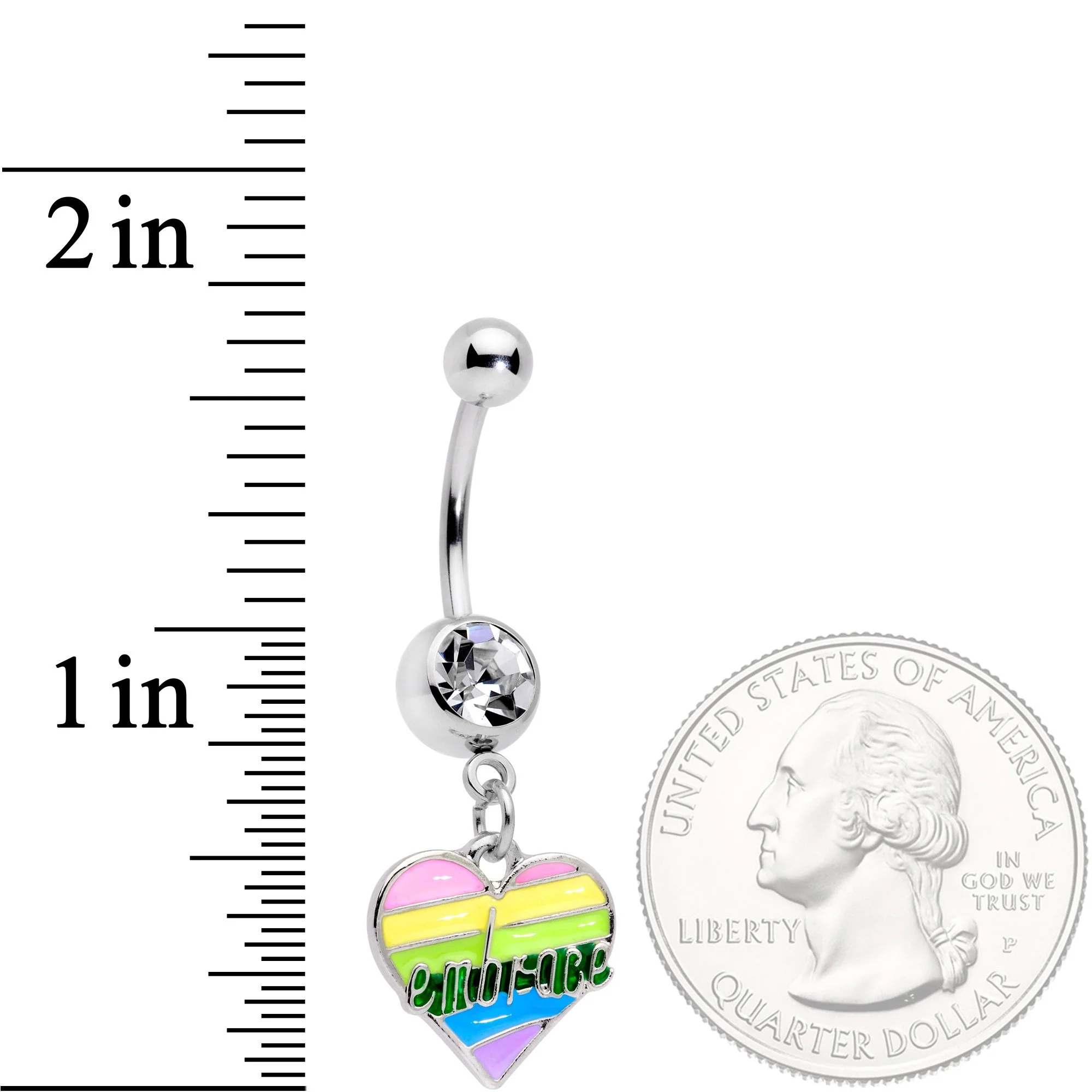 Clear Gem Embrace Pastel Rainbow Heart Dangle Belly Ring - Image 2