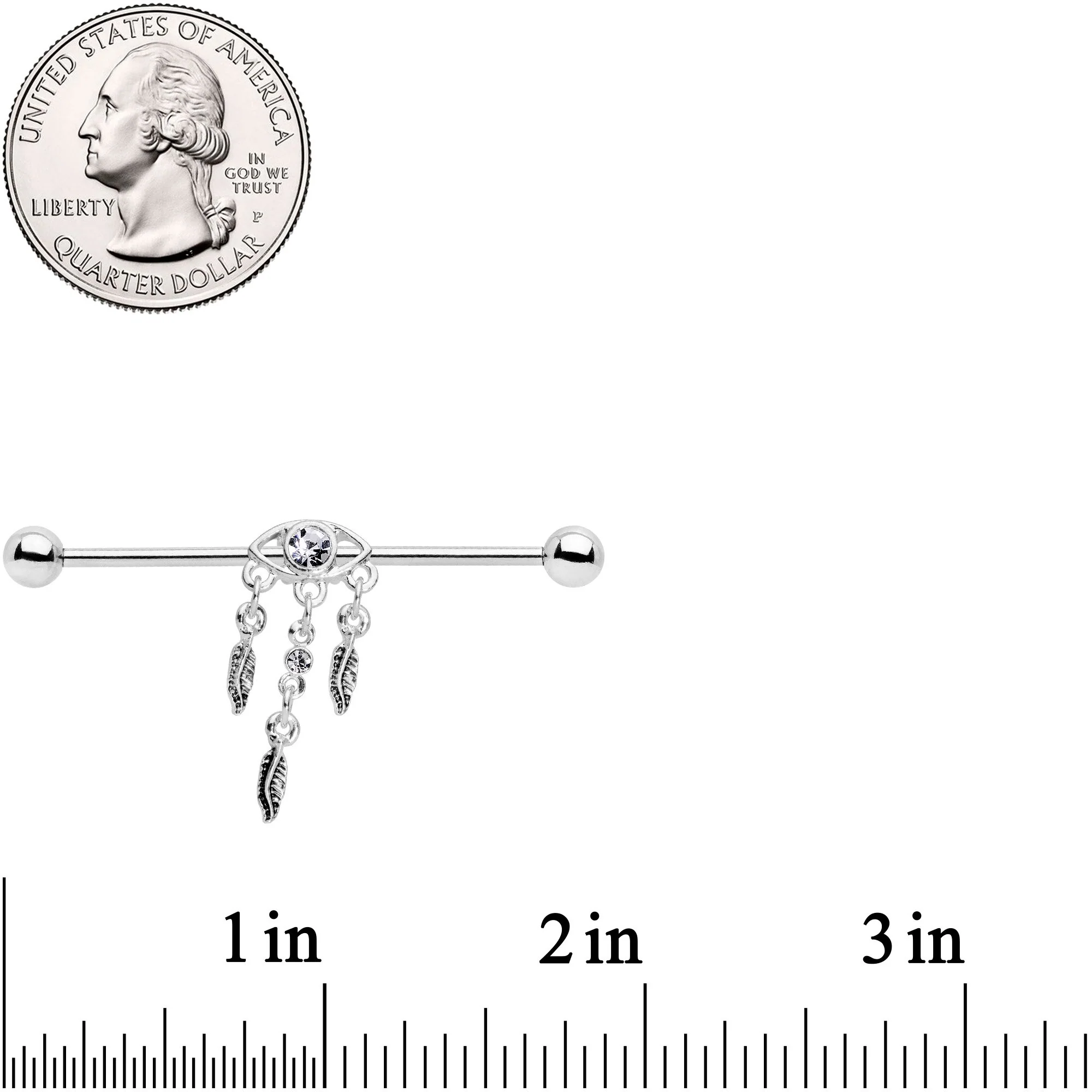 Clear Gem Eye Feather Dangle Industrial Barbell 38mm - Image 2