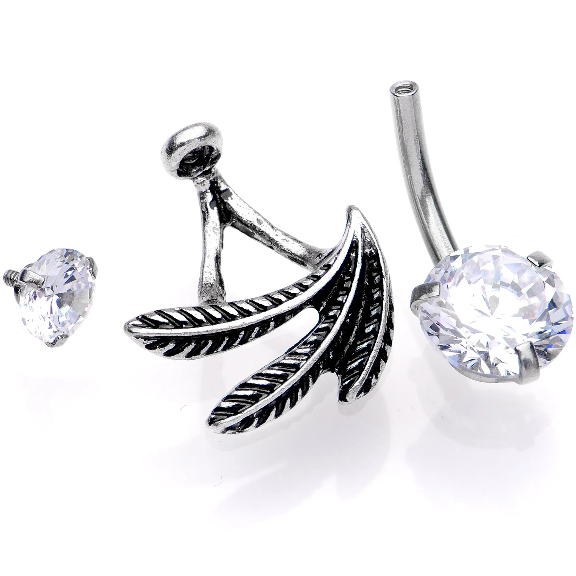 Clear Gem Feather Trio Dangle Belly Ring - Image 3