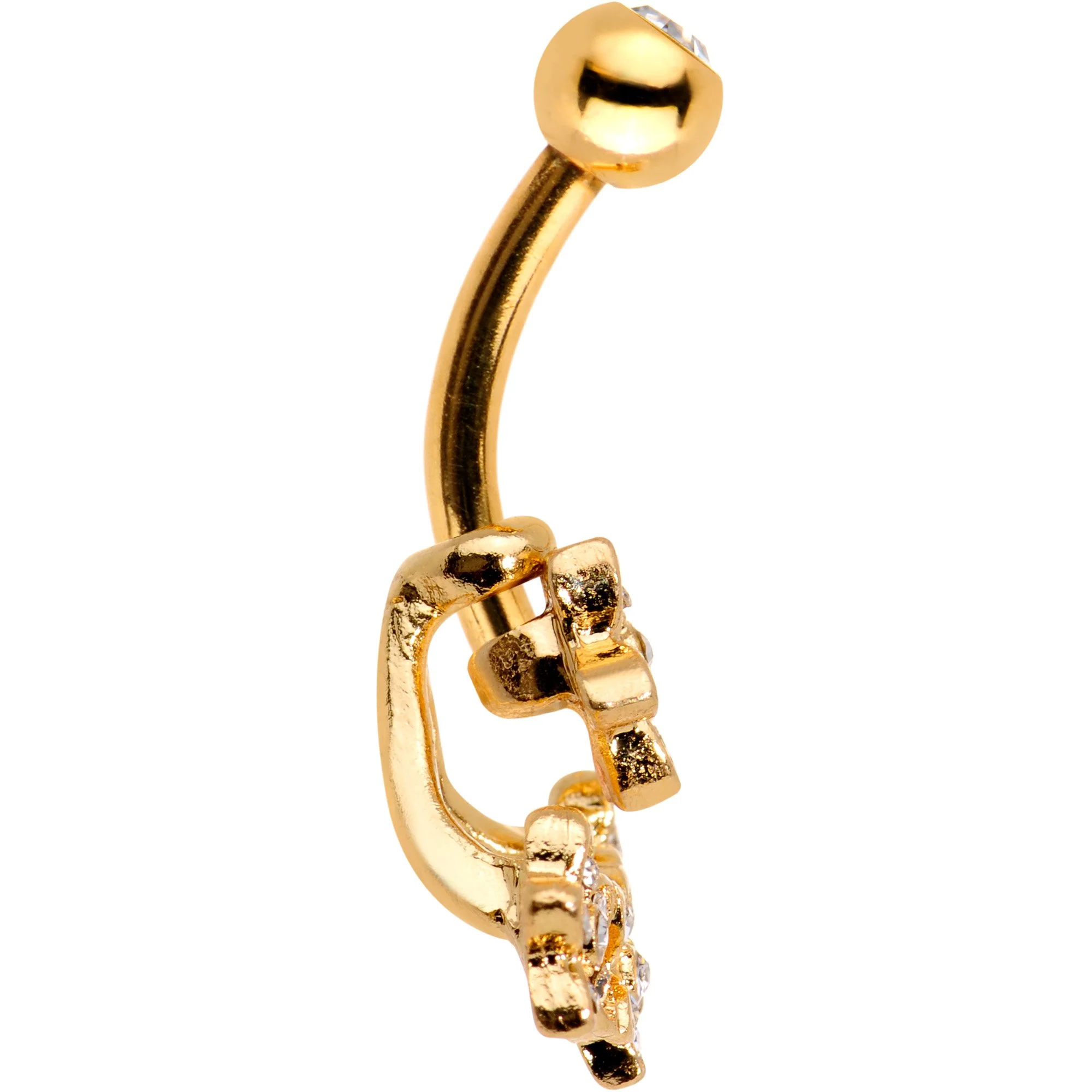 Clear Gem Field of Flowers Gold PVD Dangle Belly Ring - Image 2