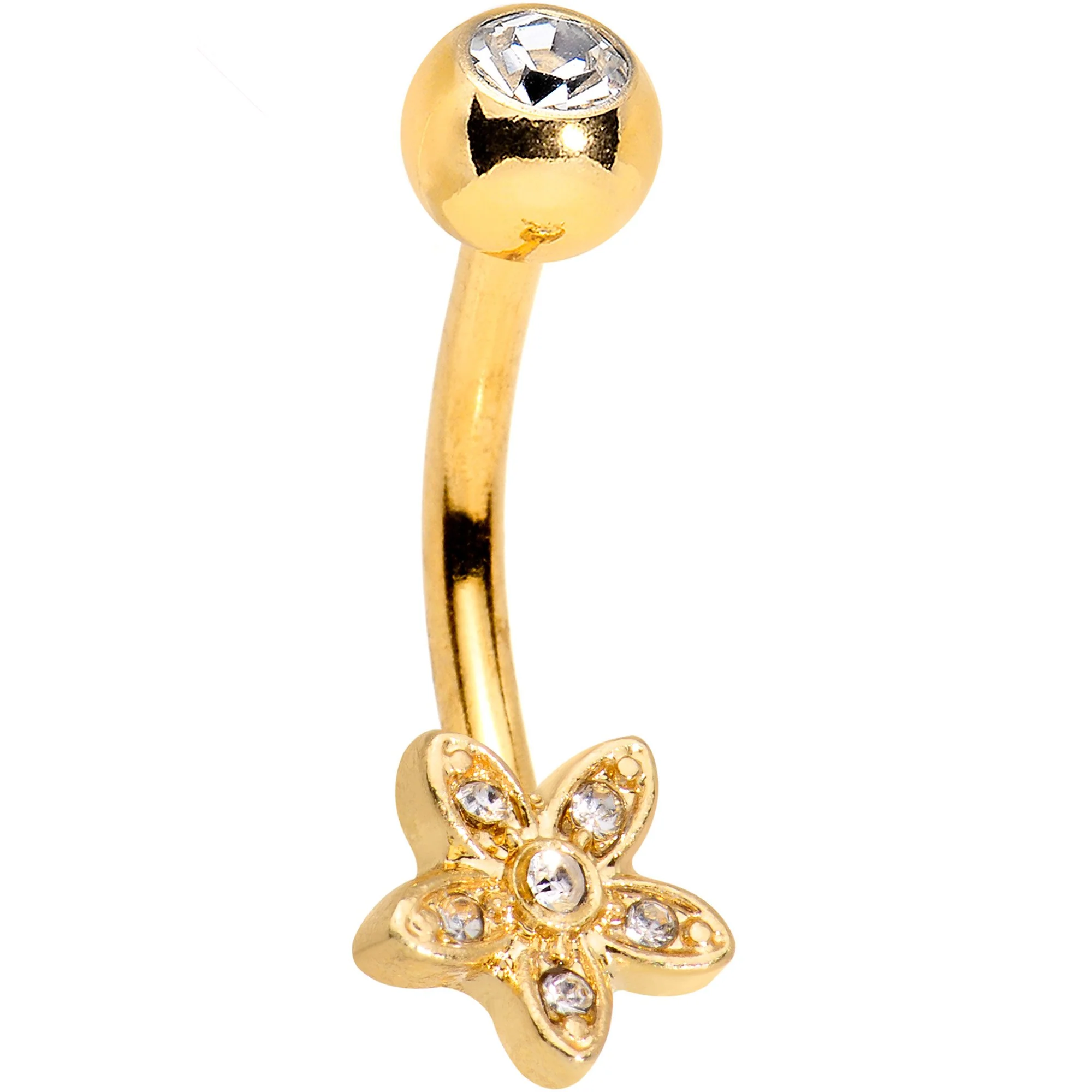 Clear Gem Field of Flowers Gold PVD Dangle Belly Ring - Image 3