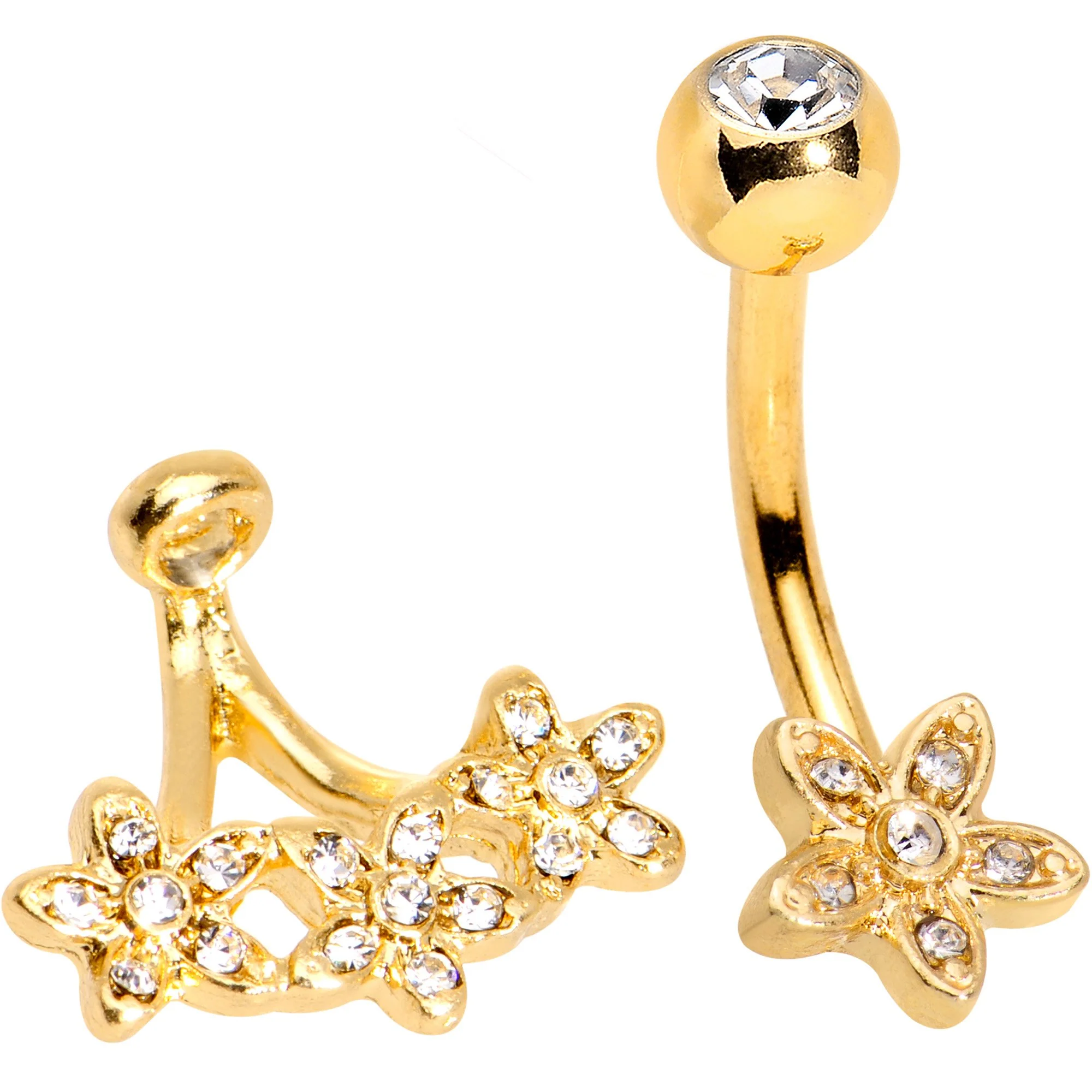 Clear Gem Field of Flowers Gold PVD Dangle Belly Ring - Image 4