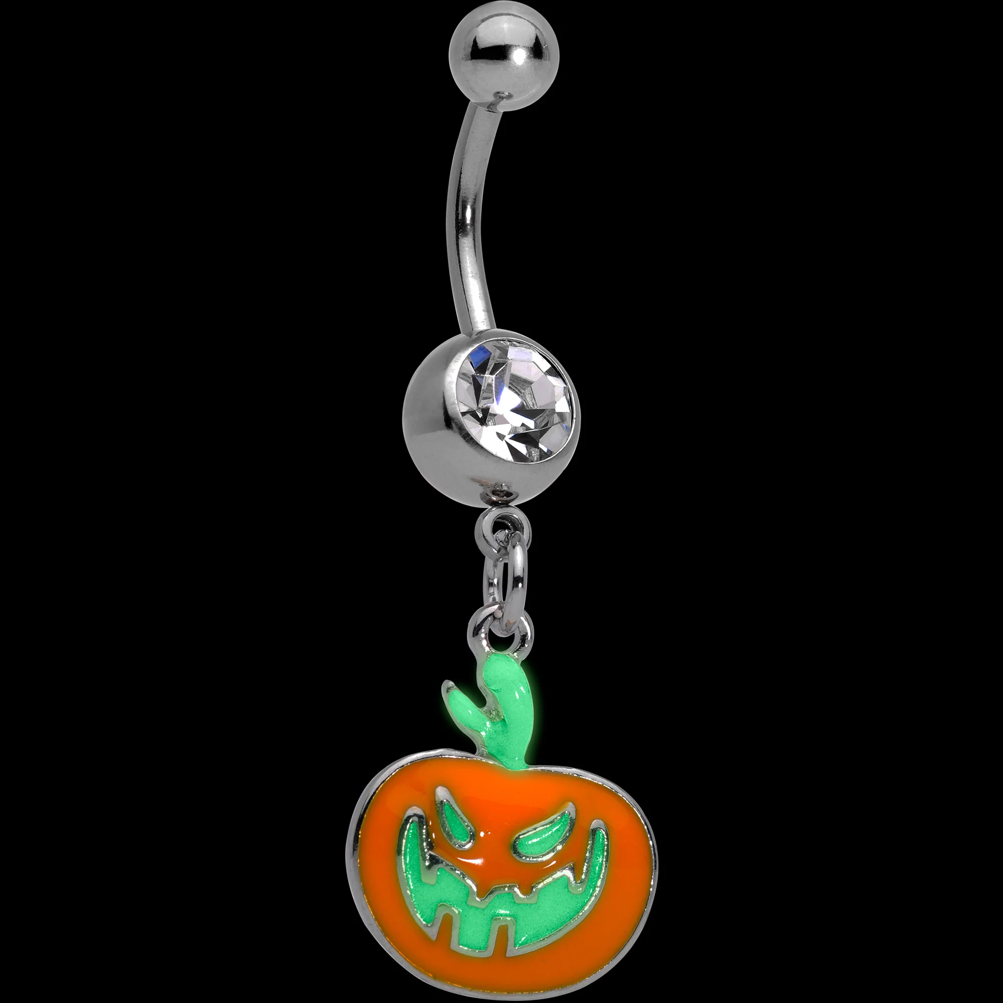 Clear Gem Fierce Pumpkin Jack O Lantern Halloween Dangle Belly Ring - Image 2