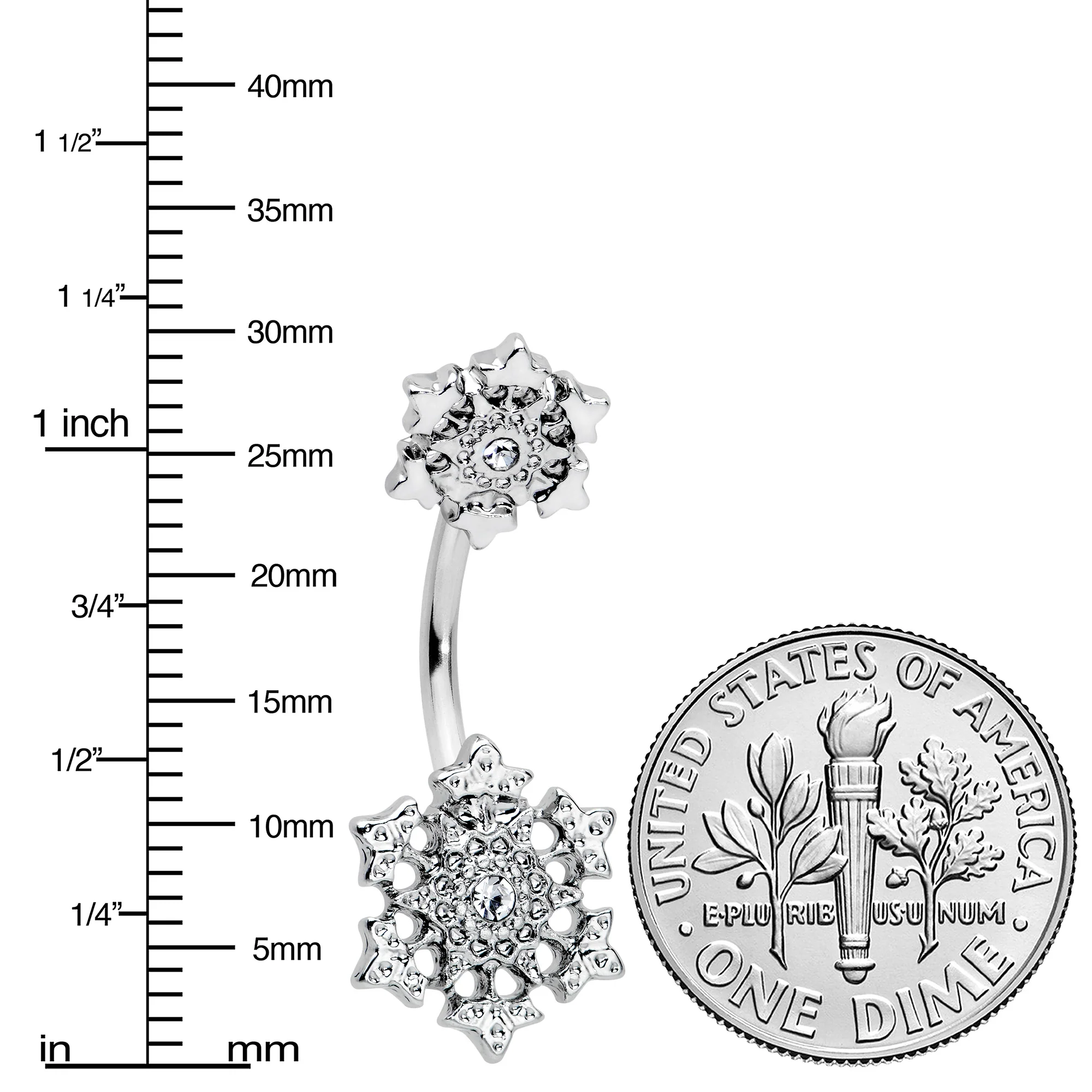 Clear Gem Filigree Winter Snowflakes Double Mount Belly Ring - Image 3
