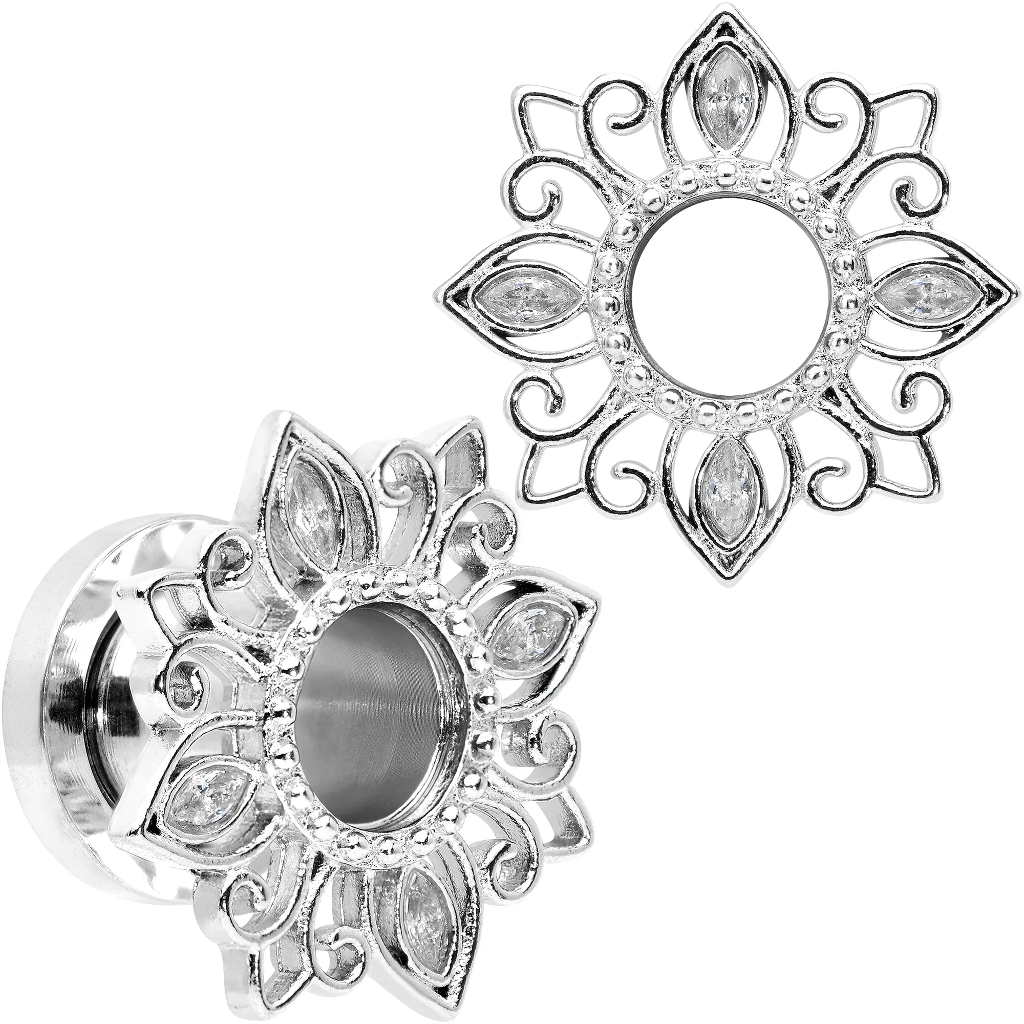 Clear Gem Floral Lotus Screw Fit Tunnel Plug Set - Image 6