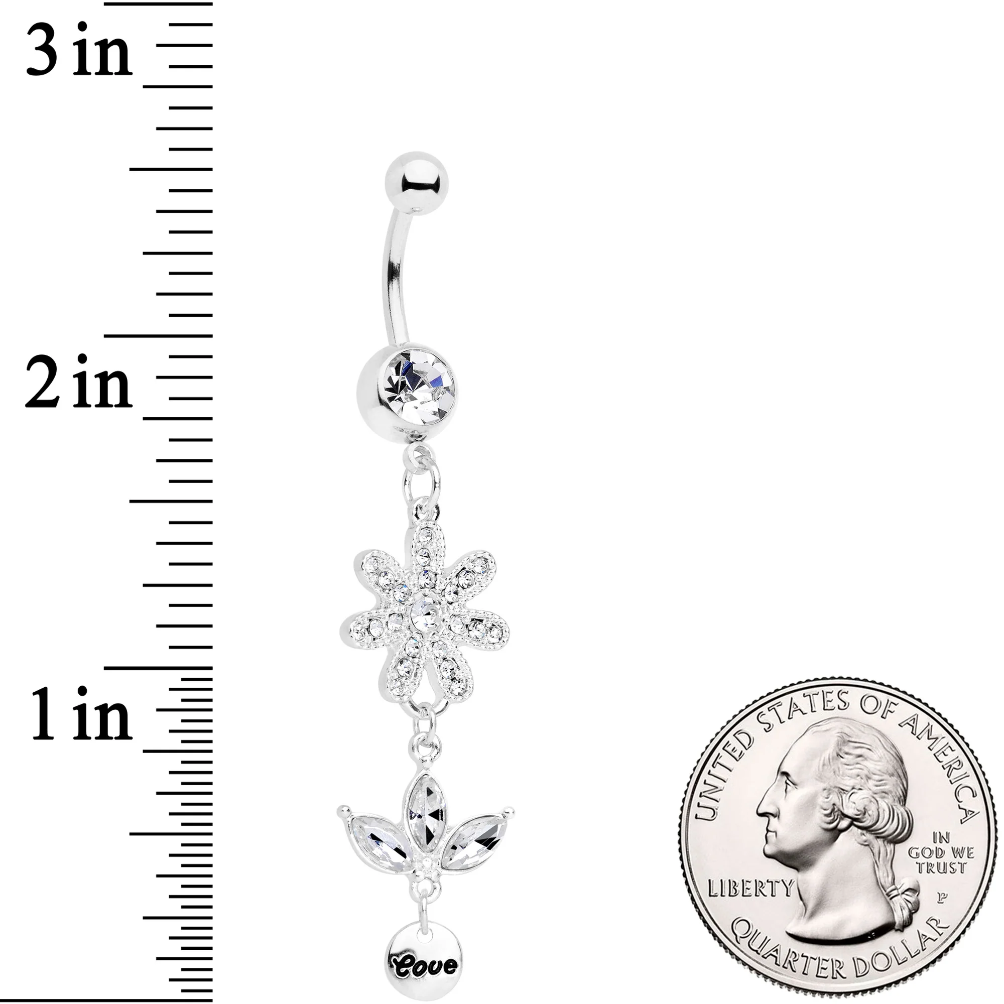 Clear Gem Flower Leaves Love Dangle Belly Ring - Image 2