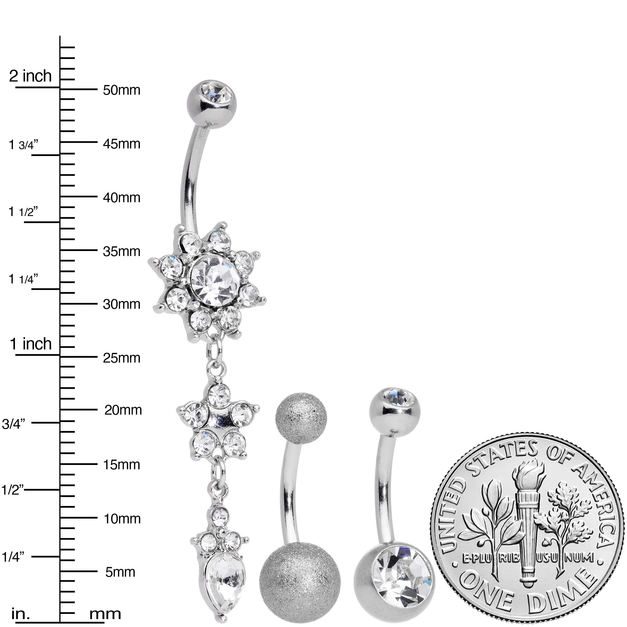 Clear Gem Flower Sandblasted Dangle Belly Ring Set of 3 - Image 2