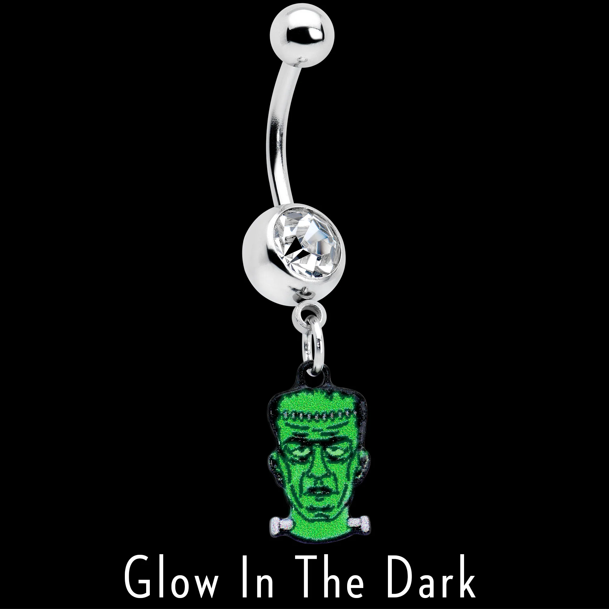 Clear Gem Frankenstein Head Green Glow in the Dark Dangle Belly Ring - Image 2