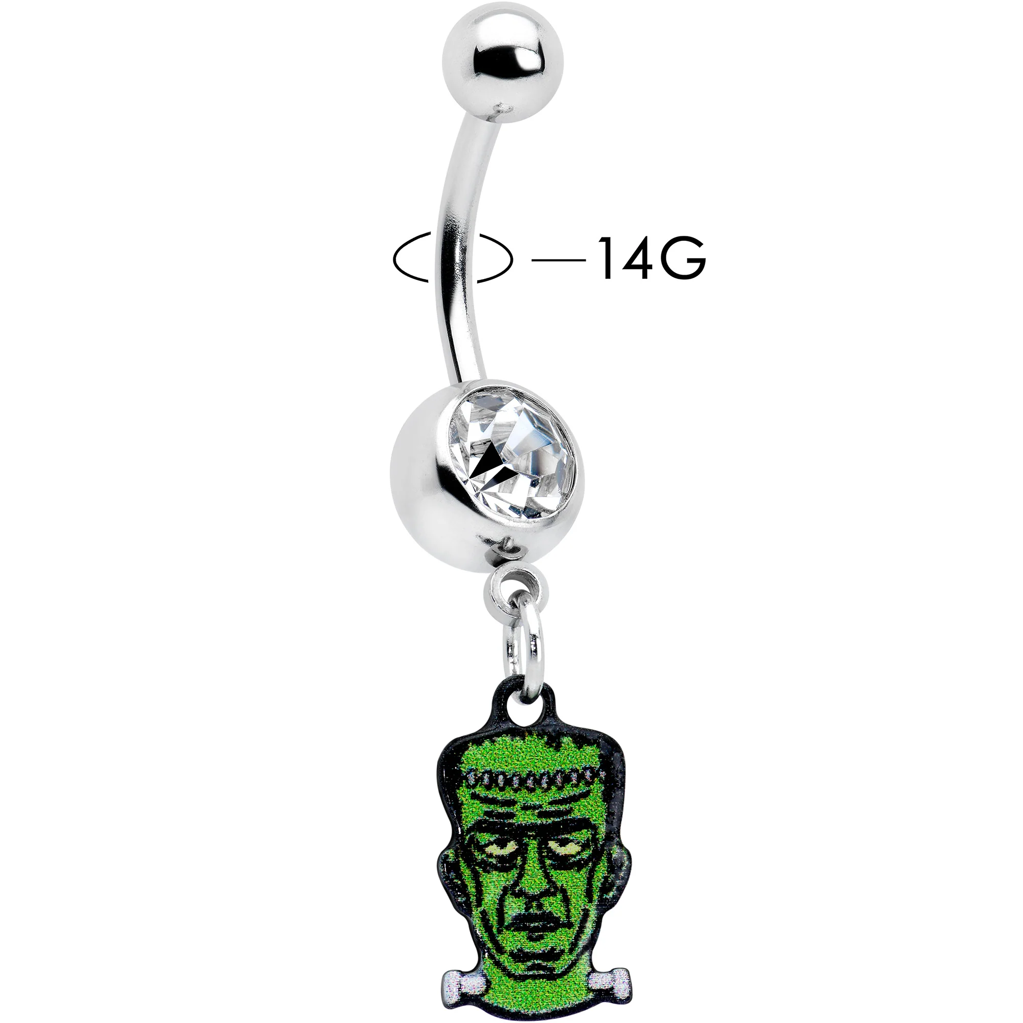 Clear Gem Frankenstein Head Green Glow in the Dark Dangle Belly Ring - Image 3