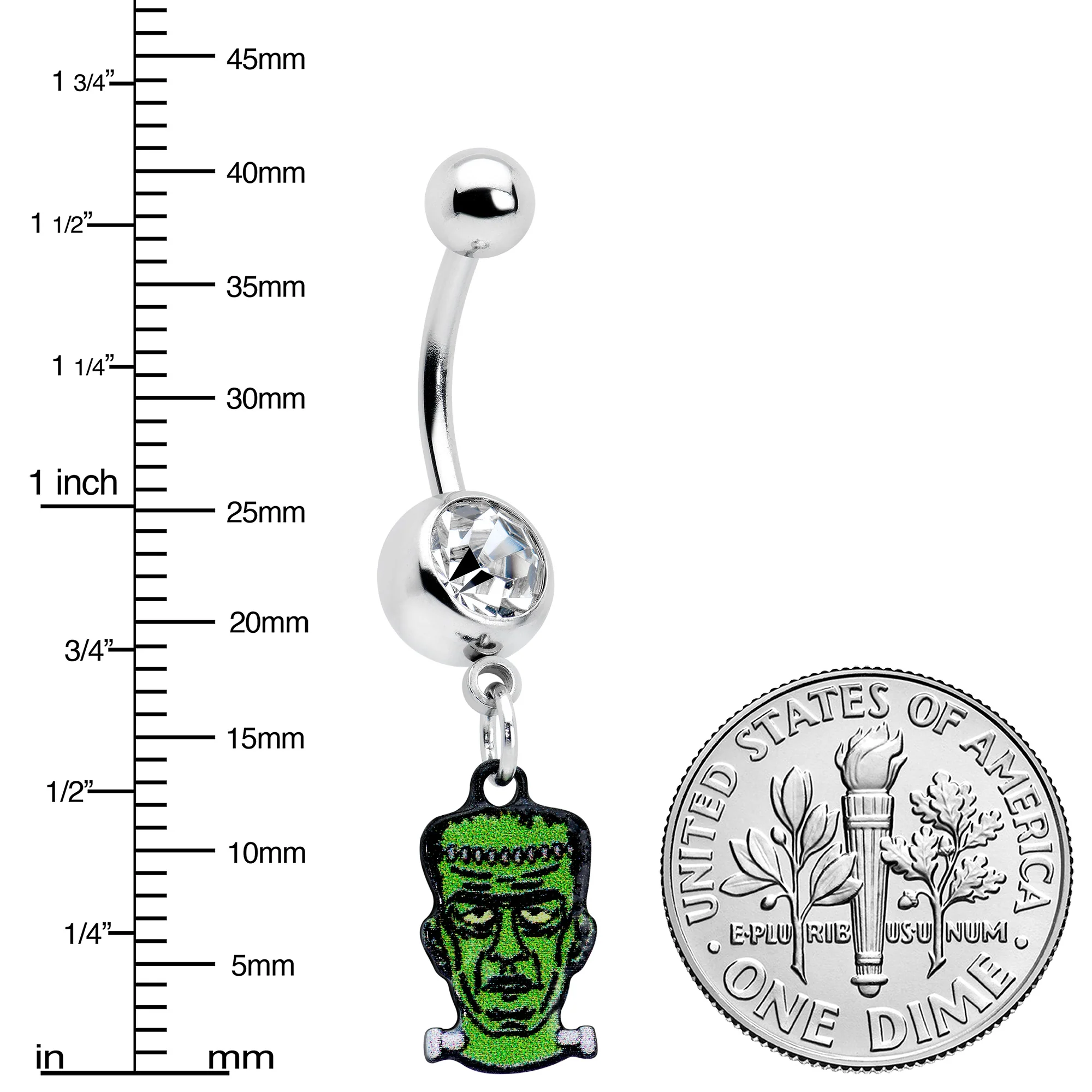Clear Gem Frankenstein Head Green Glow in the Dark Dangle Belly Ring - Image 4