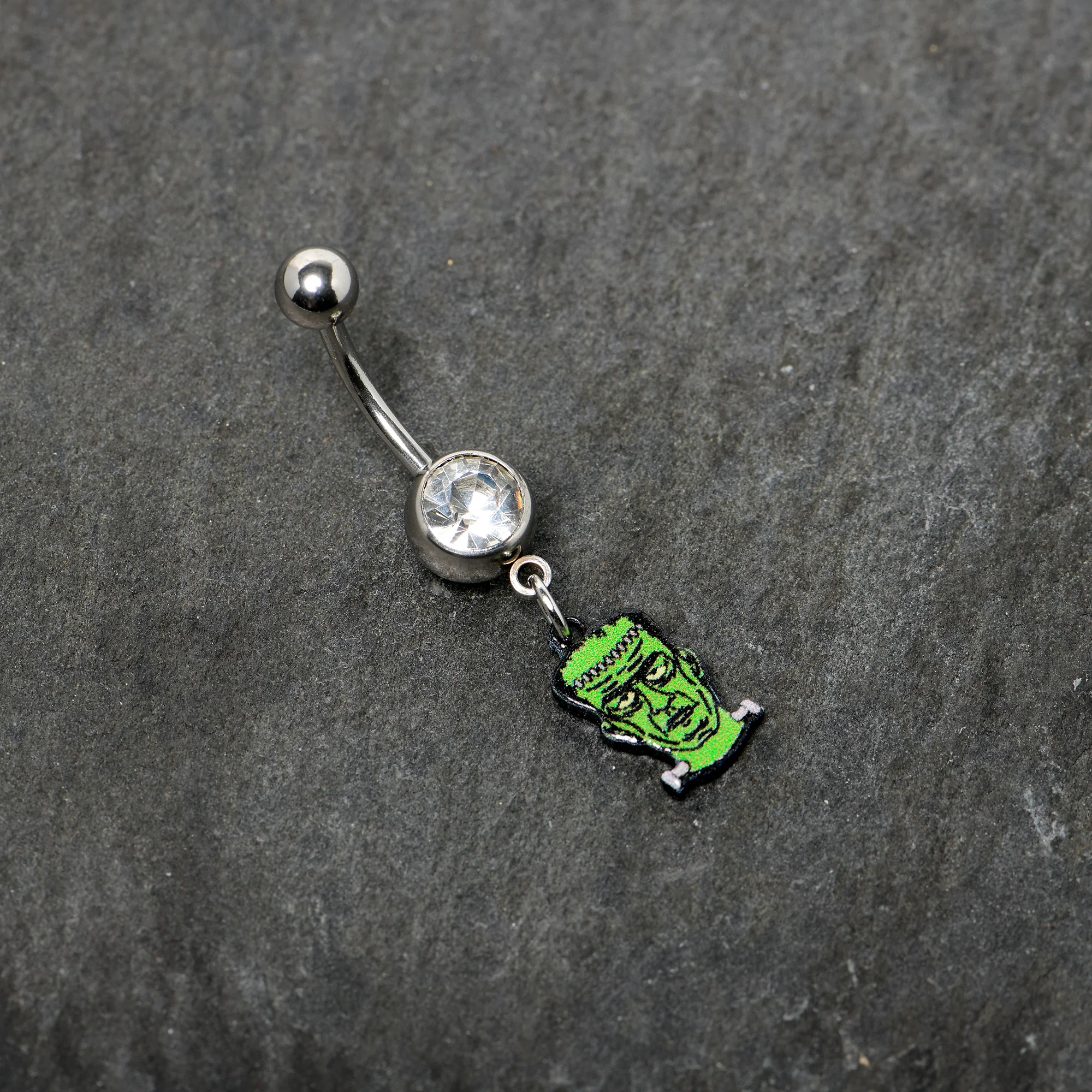 Clear Gem Frankenstein Head Green Glow in the Dark Dangle Belly Ring - Image 5