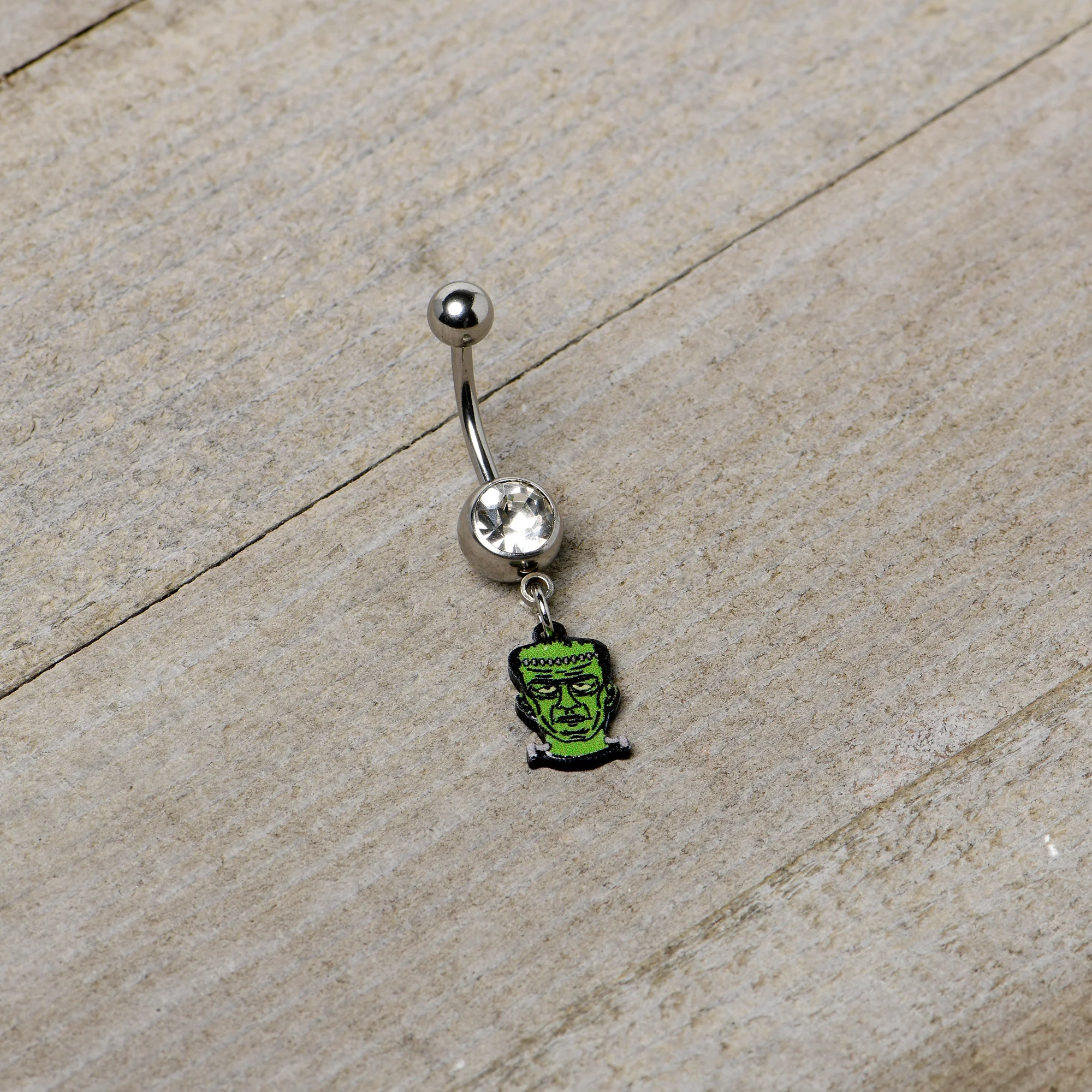 Clear Gem Frankenstein Head Green Glow in the Dark Dangle Belly Ring - Image 6