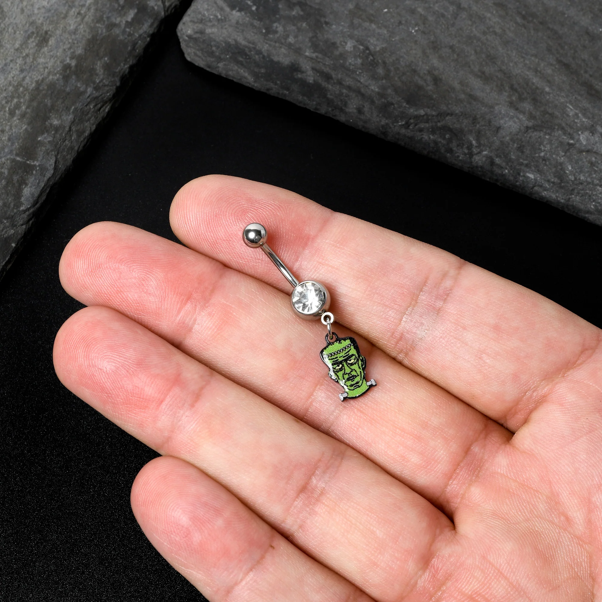 Clear Gem Frankenstein Head Green Glow in the Dark Dangle Belly Ring - Image 7