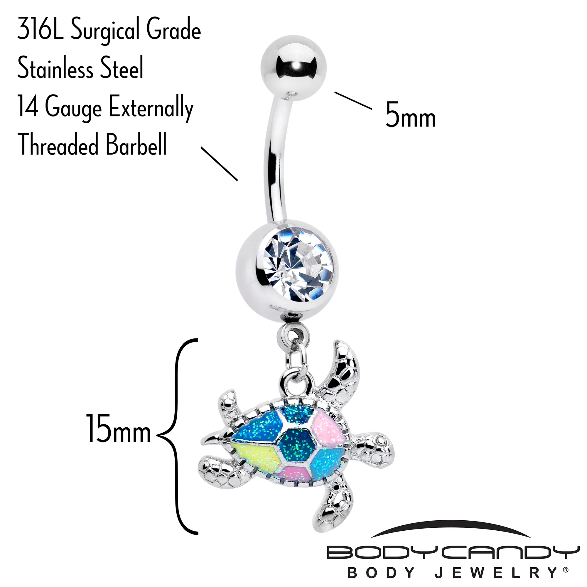 Clear Gem Glitter Turtle Dangle Belly Ring - Image 2