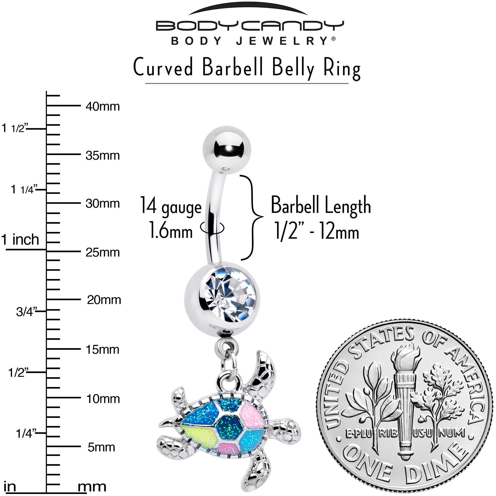 Clear Gem Glitter Turtle Dangle Belly Ring - Image 3