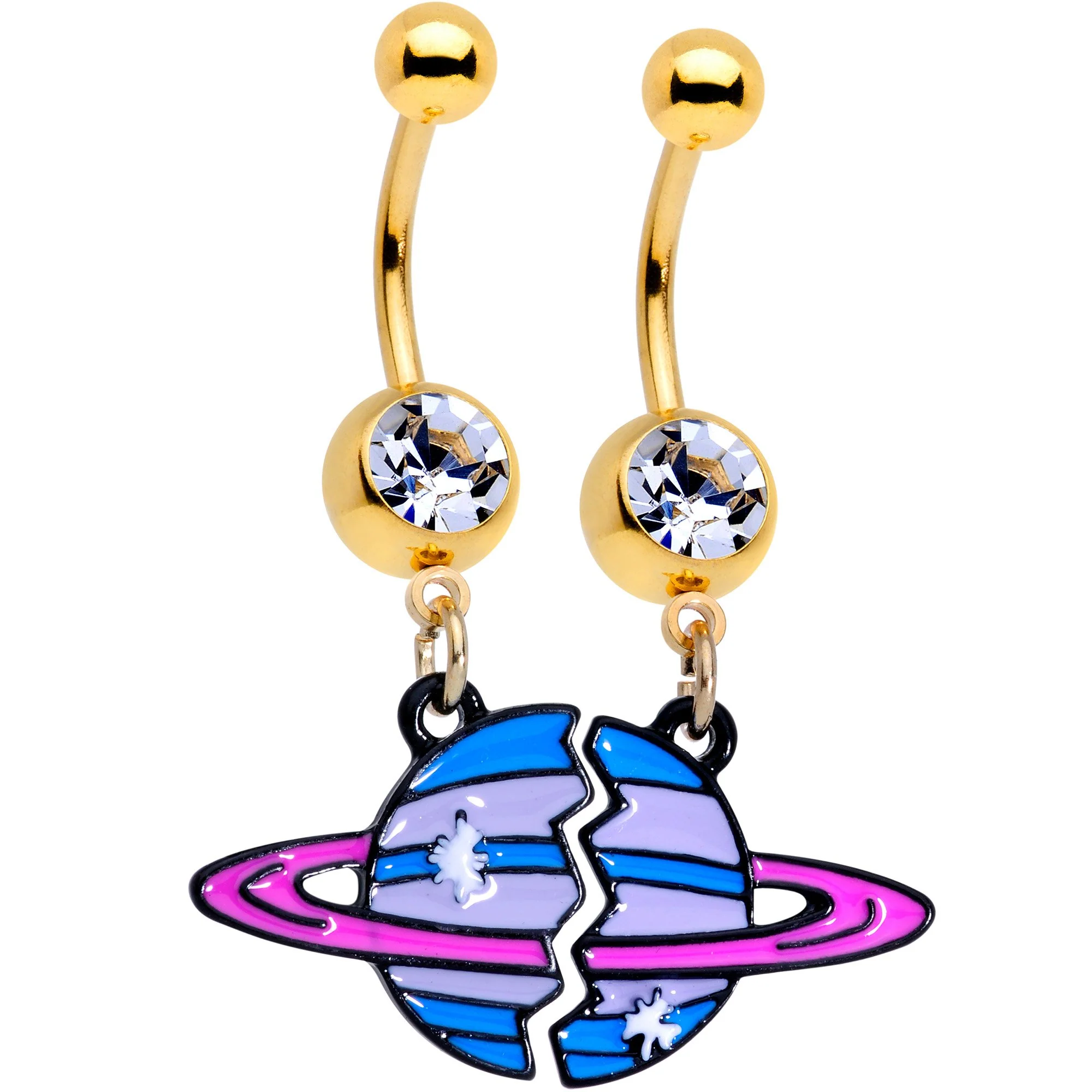 Clear Gem Gold PVD BFF Planet Best Friend Dangle Belly Ring Set of 2 - Image 2