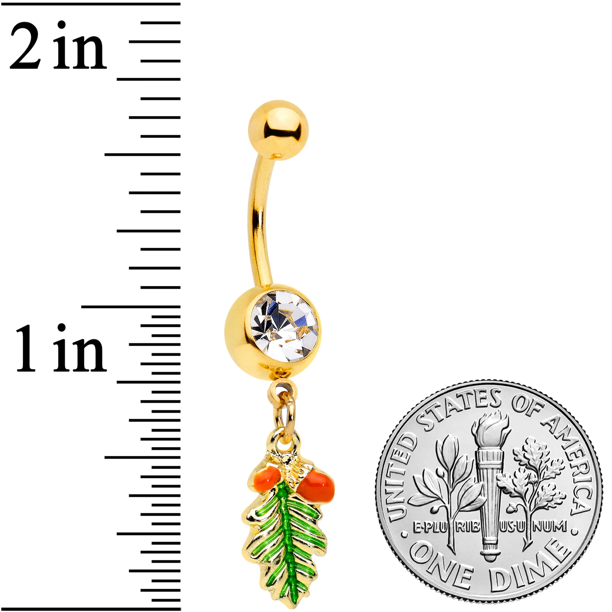 Clear Gem Gold Tone Acorns Pine Cone Autumn Dangle Belly Ring - Image 2