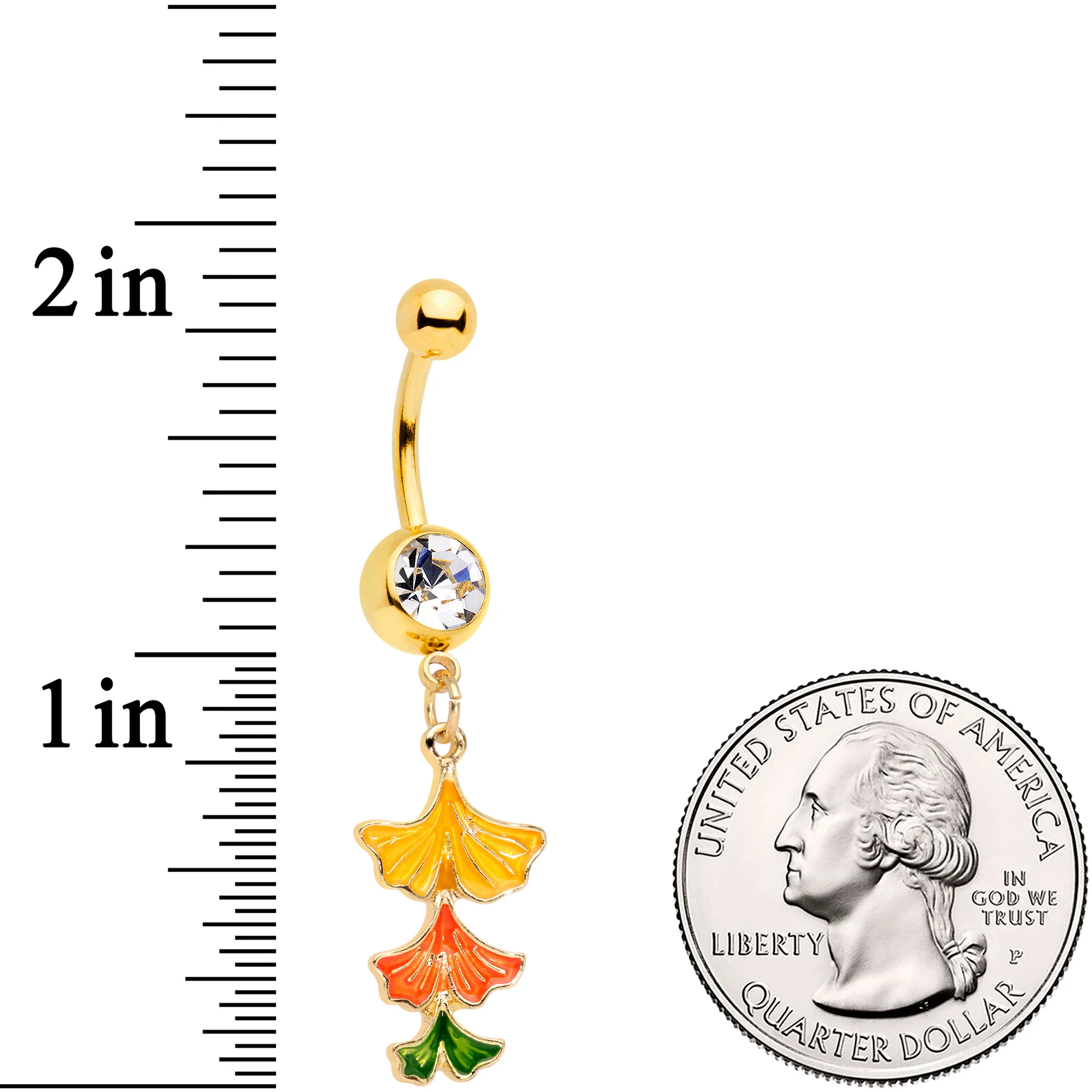 Clear Gem Gold Tone Autumn Leaves Fall Dangle Belly Ring - Image 2