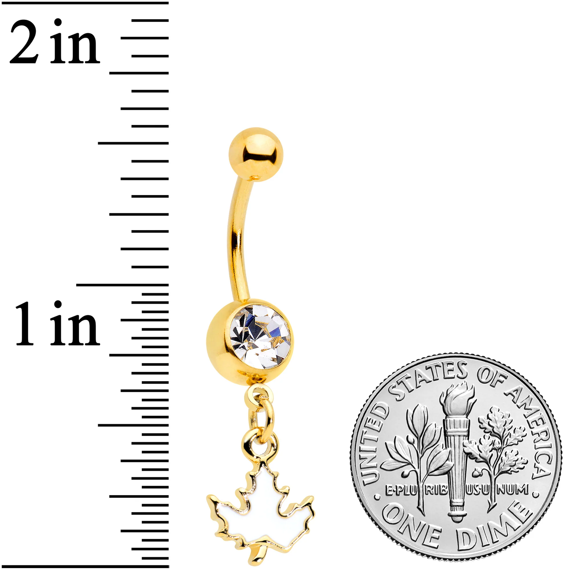 Clear Gem Gold Tone Autumn White Maple Leaf Dangle Belly Ring - Image 2