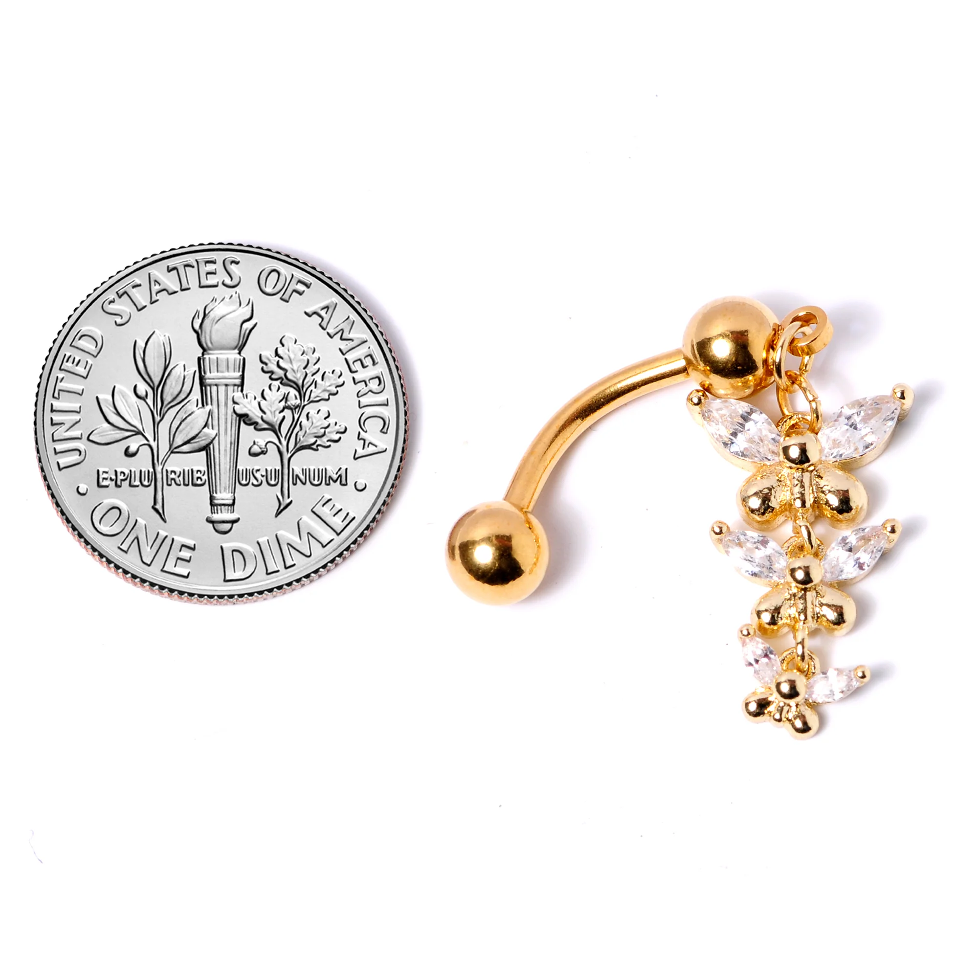 Clear Gem Gold Tone Band of Butterflies Top Mount Dangle Belly Ring - Image 3