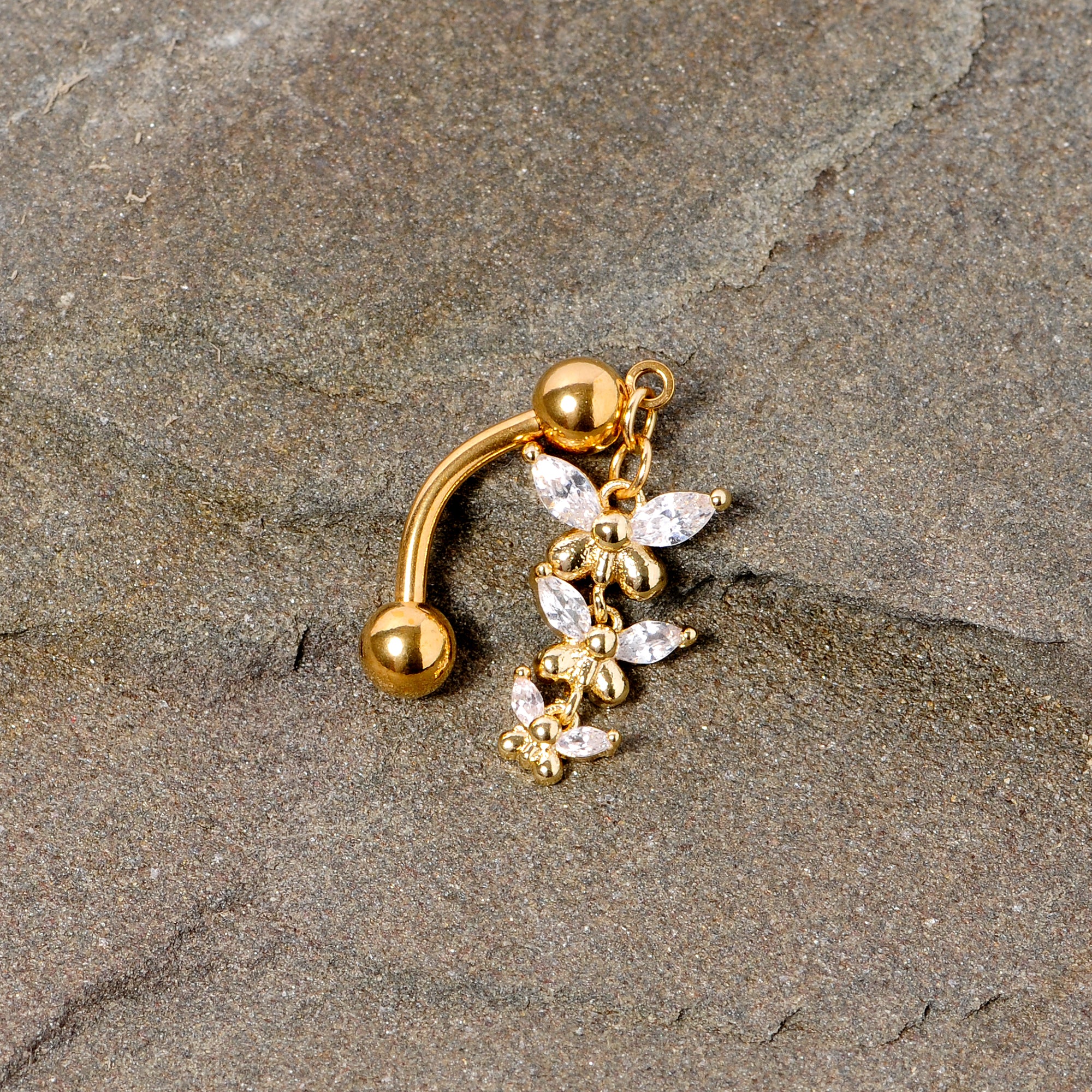 Clear Gem Gold Tone Band of Butterflies Top Mount Dangle Belly Ring - Image 4
