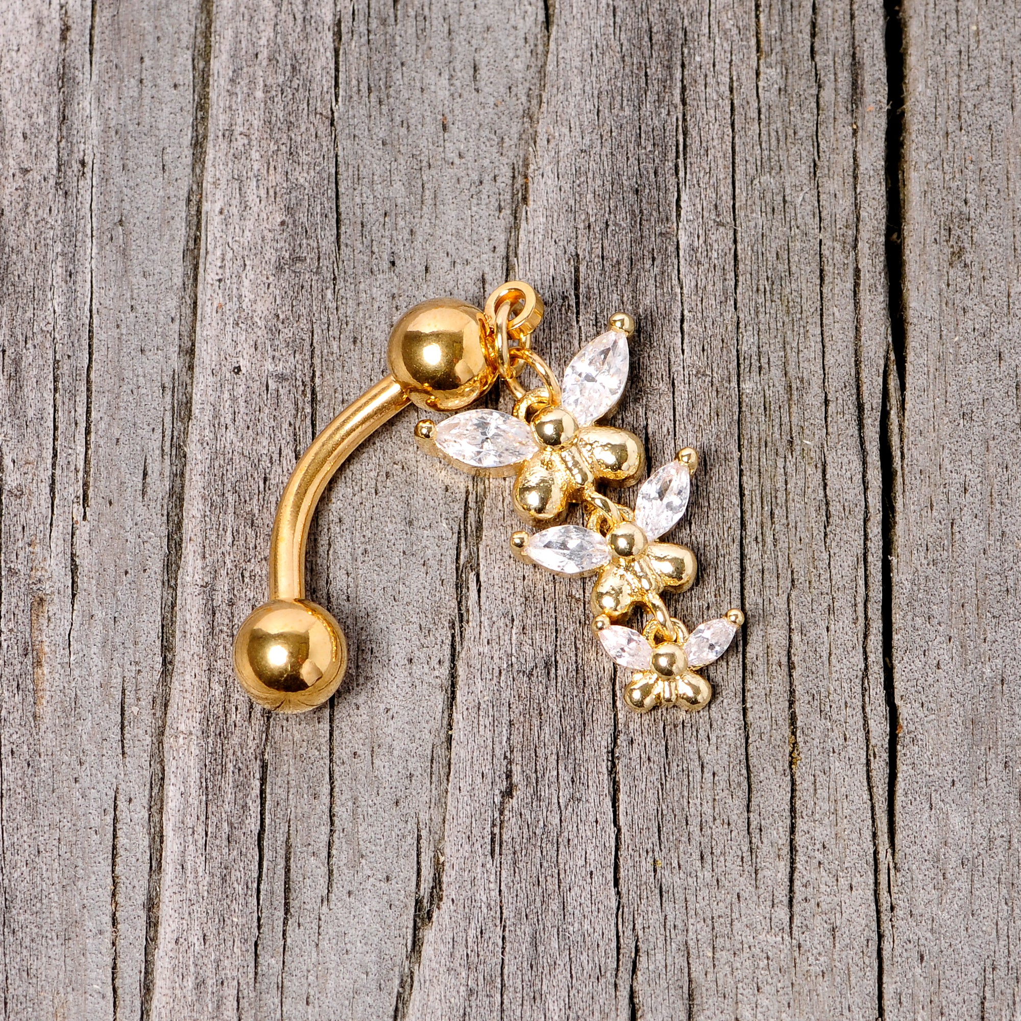 Clear Gem Gold Tone Band of Butterflies Top Mount Dangle Belly Ring - Image 5